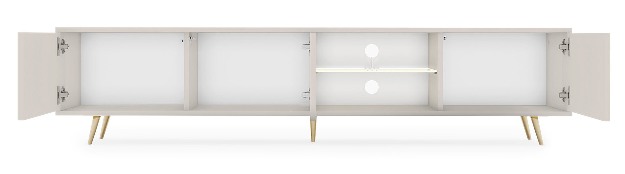 Drehtüriger TV-Schrank Bello mit Lamellenfronten und einer Glasablage mit LED-Beleuchtung, 175 cm, Kaschmir auf goldenen Beinen
