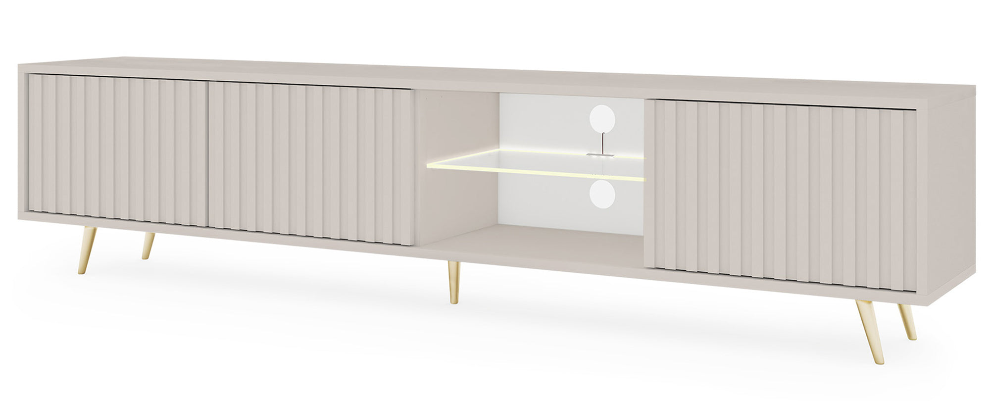 Drehtüriger TV-Schrank Bello mit Lamellenfronten und einer Glasablage mit LED-Beleuchtung, 175 cm, Kaschmir auf goldenen Beinen