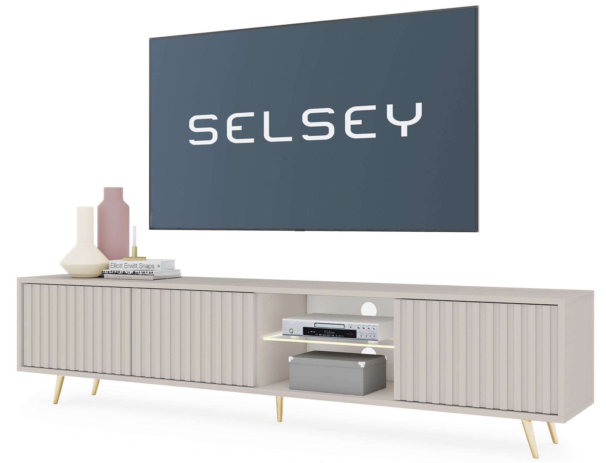 Drehtüriger TV-Schrank Bello mit Lamellenfronten und einer Glasablage mit LED-Beleuchtung, 175 cm, Kaschmir auf goldenen Beinen