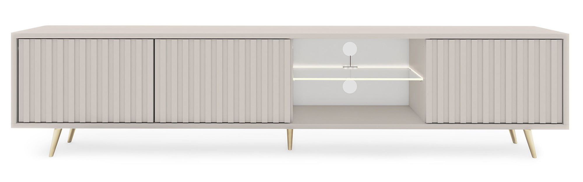 Drehtüriger TV-Schrank Bello mit Lamellenfronten und einer Glasablage mit LED-Beleuchtung, 175 cm, Kaschmir auf goldenen Beinen
