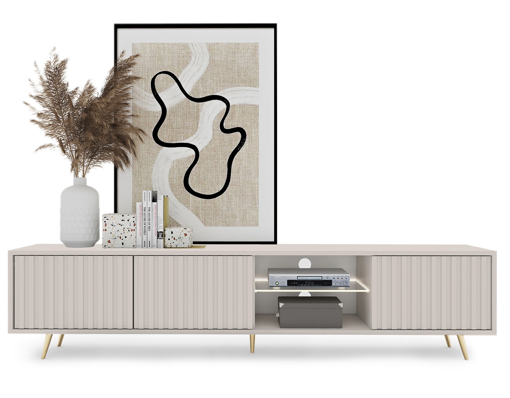 Drehtüriger TV-Schrank Bello mit Lamellenfronten und einer Glasablage mit LED-Beleuchtung, 175 cm, Kaschmir auf goldenen Beinen