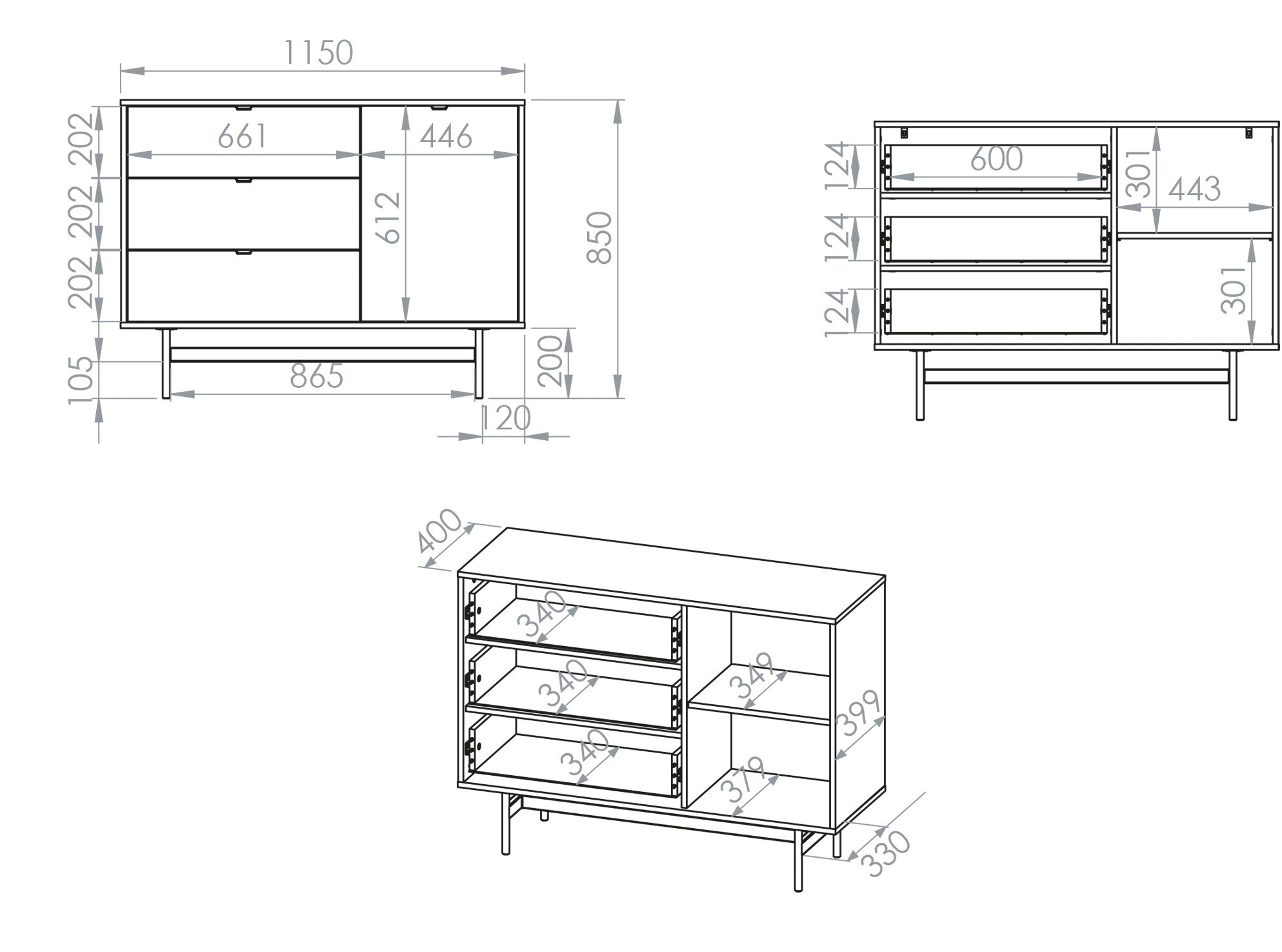 Reynos Einzeltür-Kommode mit drei Schubladen, 92 cm, Eiche Mavelie