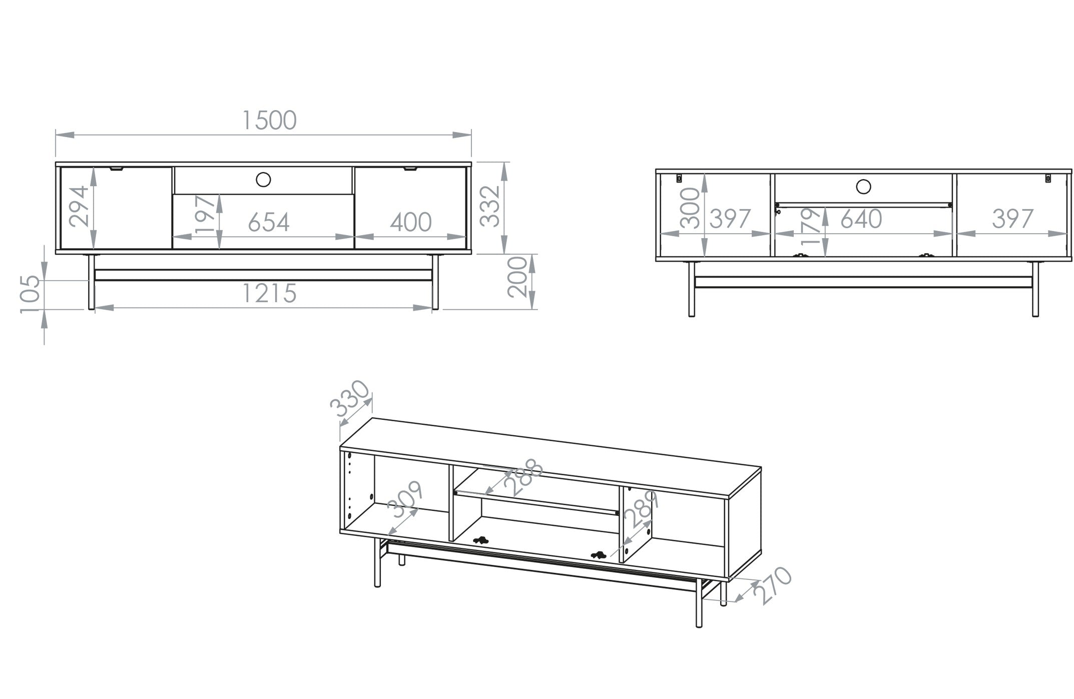 TV-Schrank Reynos, dreitürig, 150 cm, Eiche Mavelie
