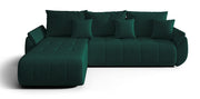 Ecksofa mit Schlaffunktion Romuldi, L-förmig, linksseitig, mit Stauraum, grüner hydrophober Samt