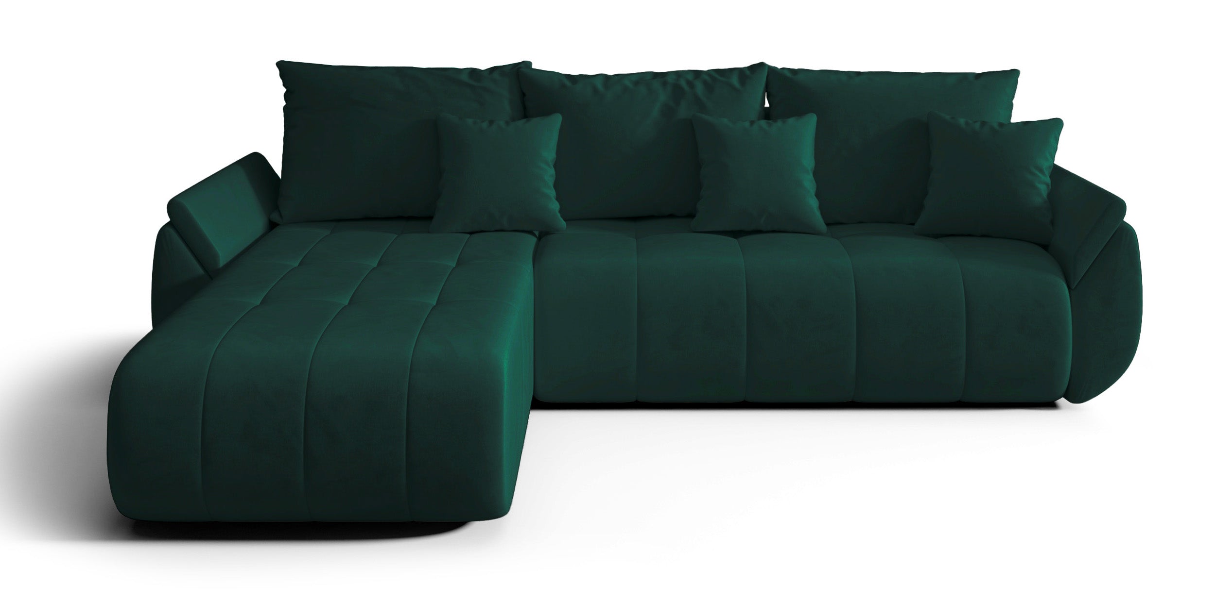 Ecksofa mit Schlaffunktion Romuldi, L-förmig, linksseitig, mit Stauraum, grüner hydrophober Samt