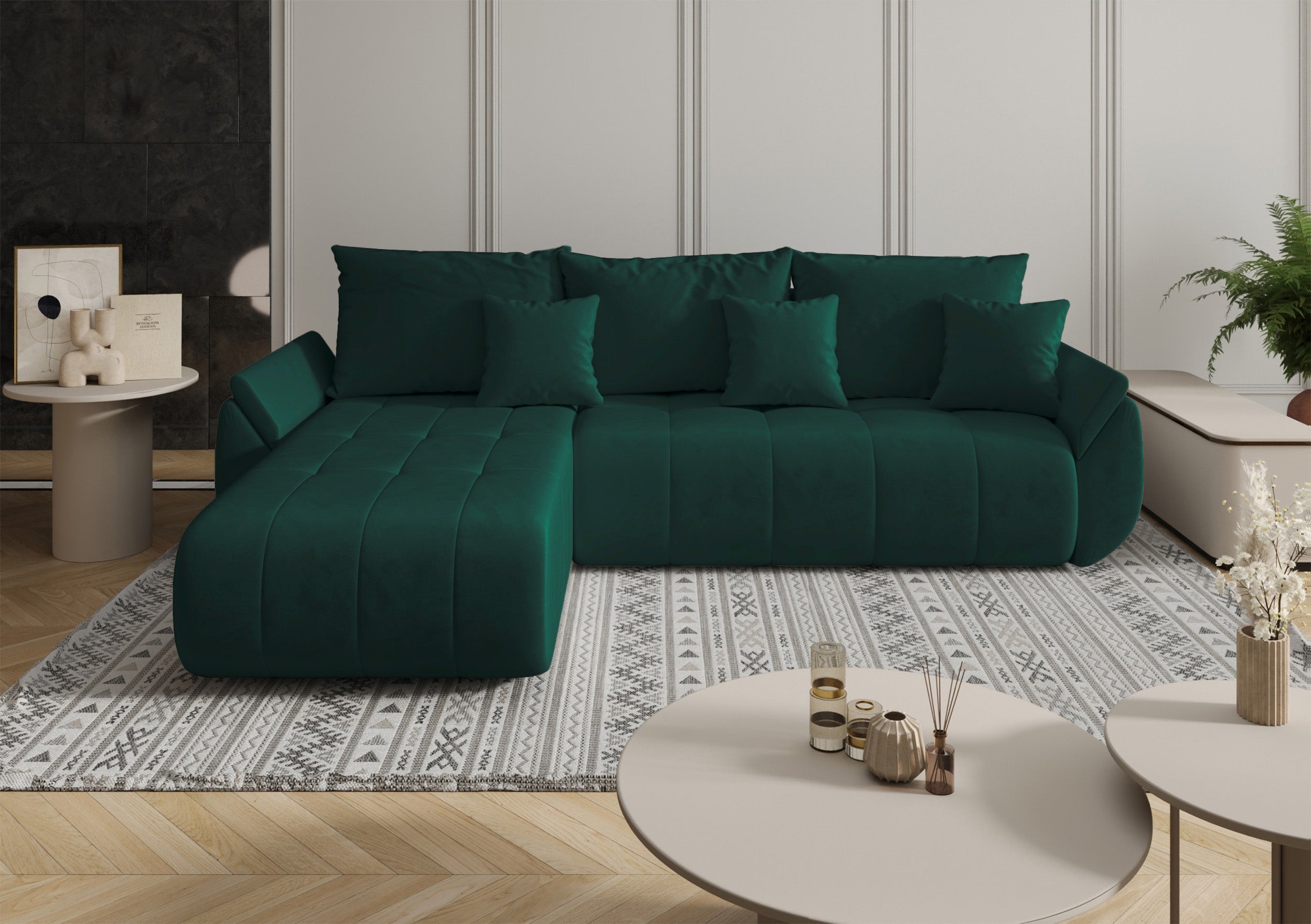Ecksofa mit Schlaffunktion Romuldi, L-förmig, linksseitig, mit Stauraum, grüner hydrophober Samt