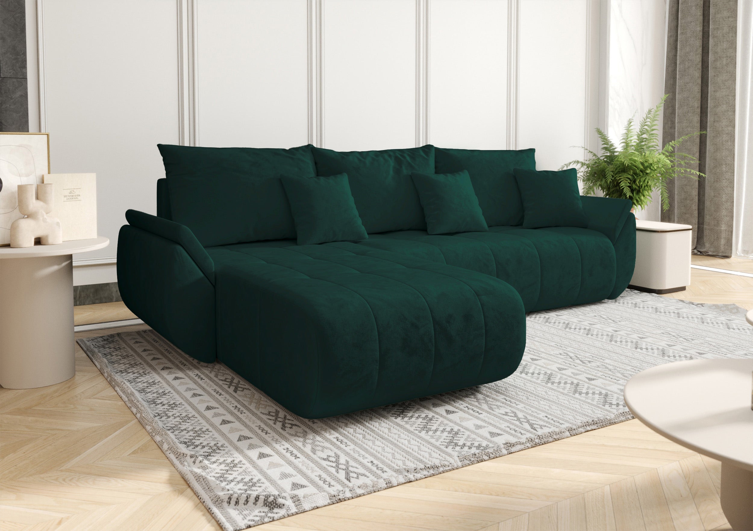 Ecksofa mit Schlaffunktion Romuldi, L-förmig, linksseitig, mit Stauraum, grüner hydrophober Samt