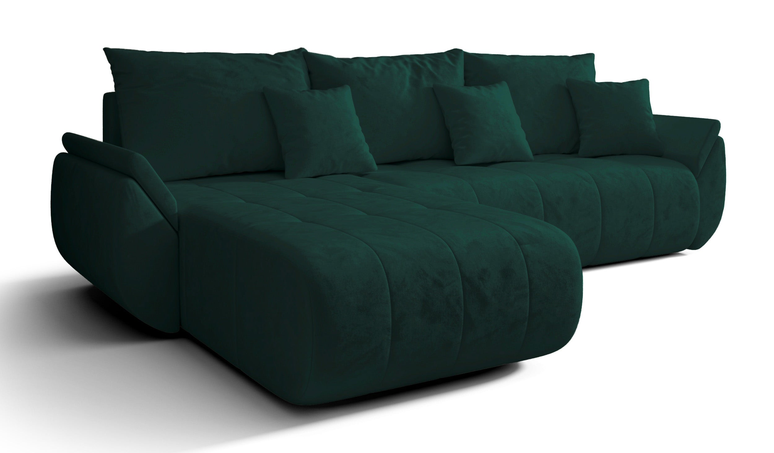 Ecksofa mit Schlaffunktion Romuldi, L-förmig, linksseitig, mit Stauraum, grüner hydrophober Samt