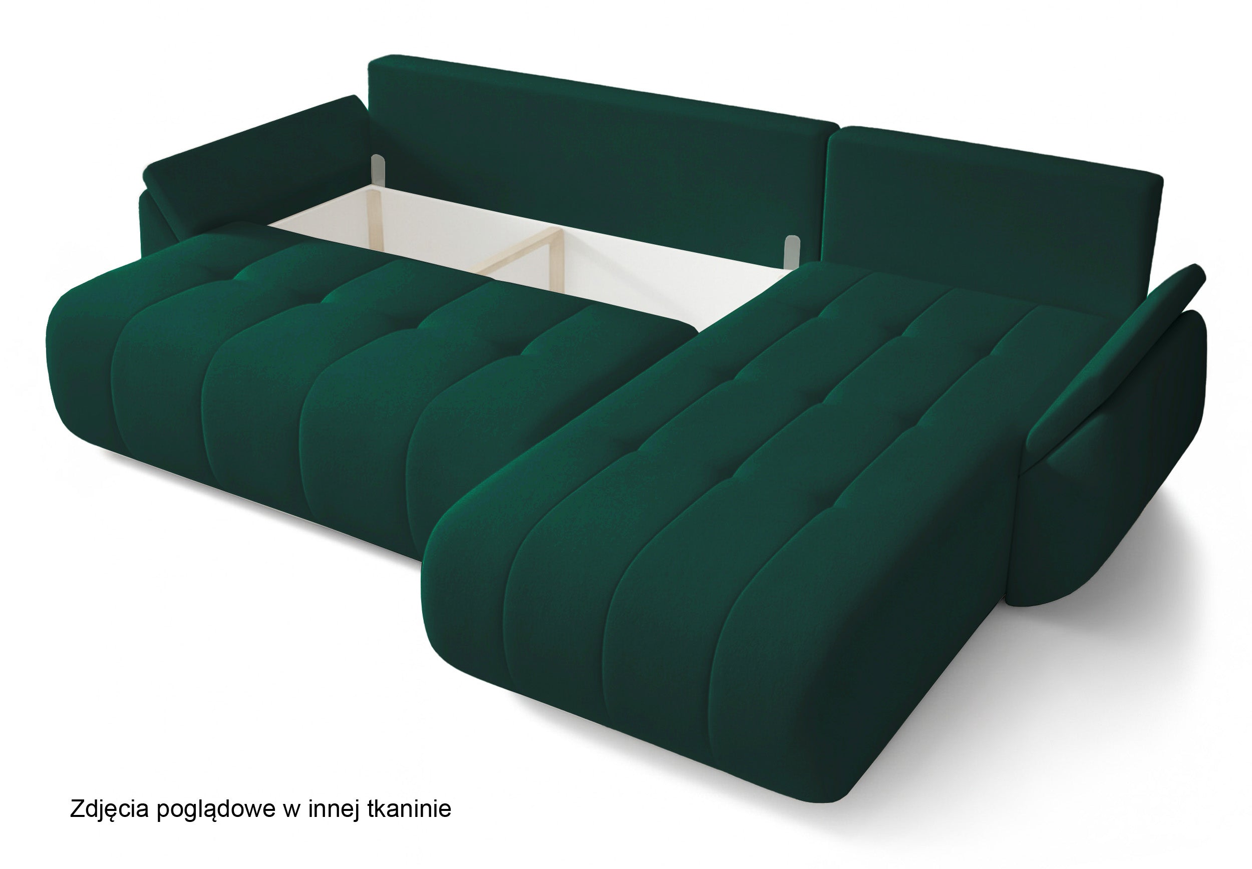 Ecksofa mit Schlaffunktion Romuldi, L-förmig, linksseitig, mit Stauraum, grüner hydrophober Samt
