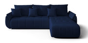 Ecksofa mit Schlaffunktion Romuldi, L-förmig, rechtsseitig, mit Stauraum, marineblauer hydrophober Samt