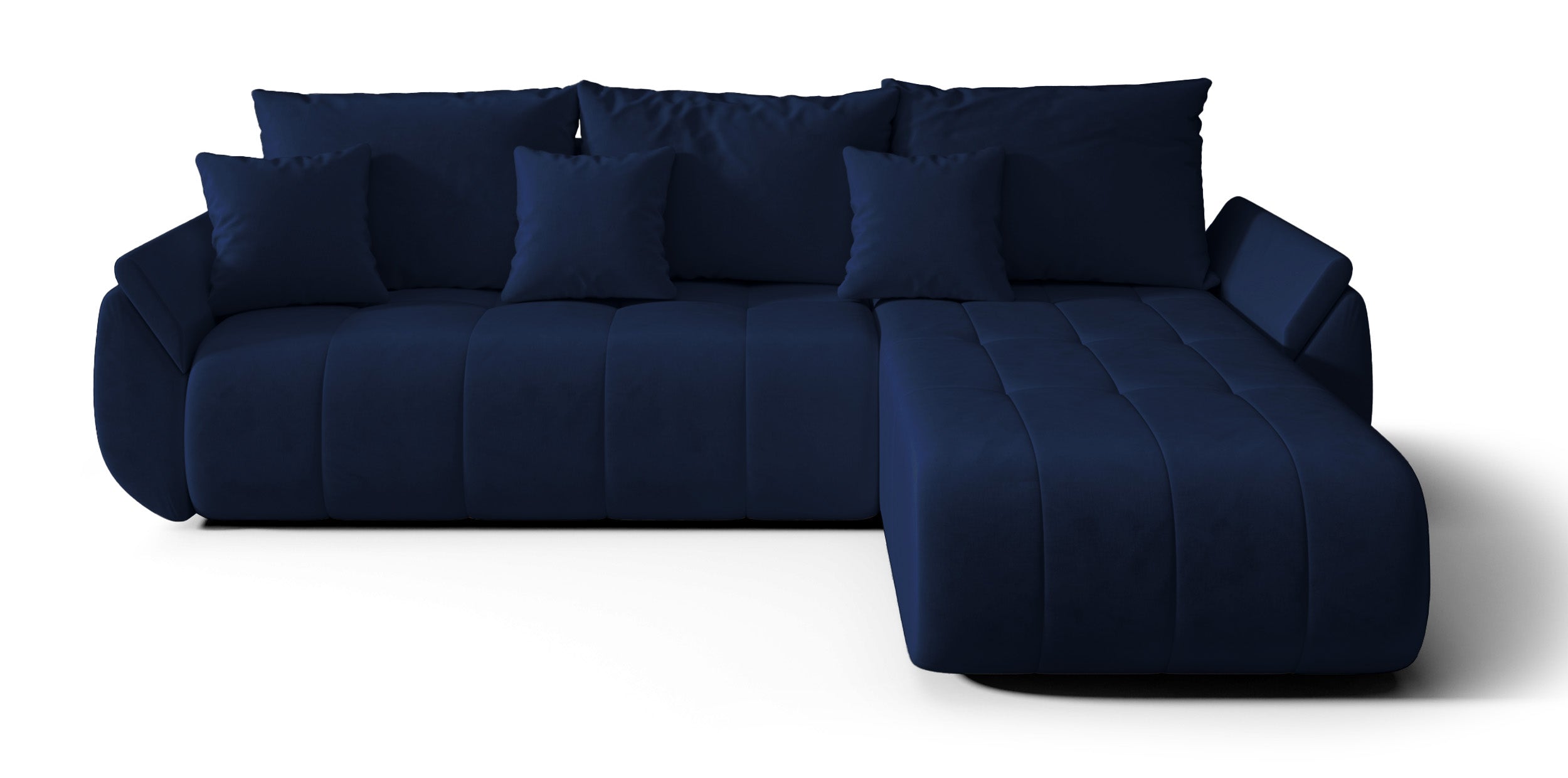 Ecksofa mit Schlaffunktion Romuldi, L-förmig, rechtsseitig, mit Stauraum, marineblauer hydrophober Samt