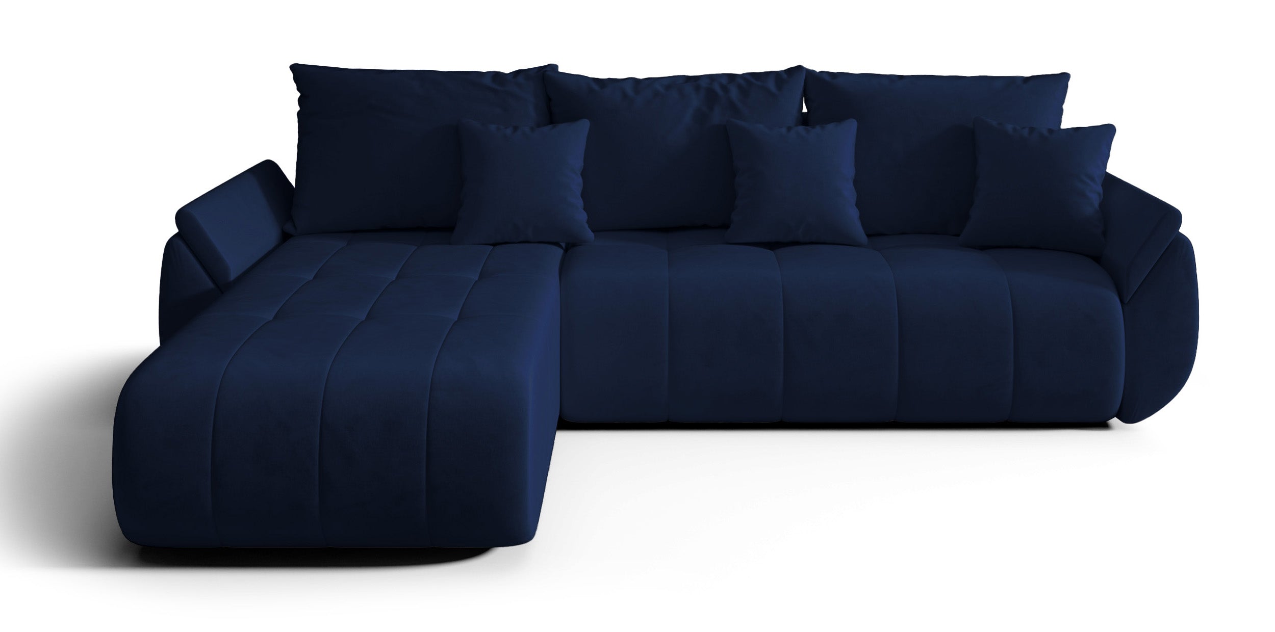 Ecksofa mit Schlaffunktion Romuldi, L-förmig, linksseitig, mit Stauraum, marineblauer wasserabweisender Samtvelours
