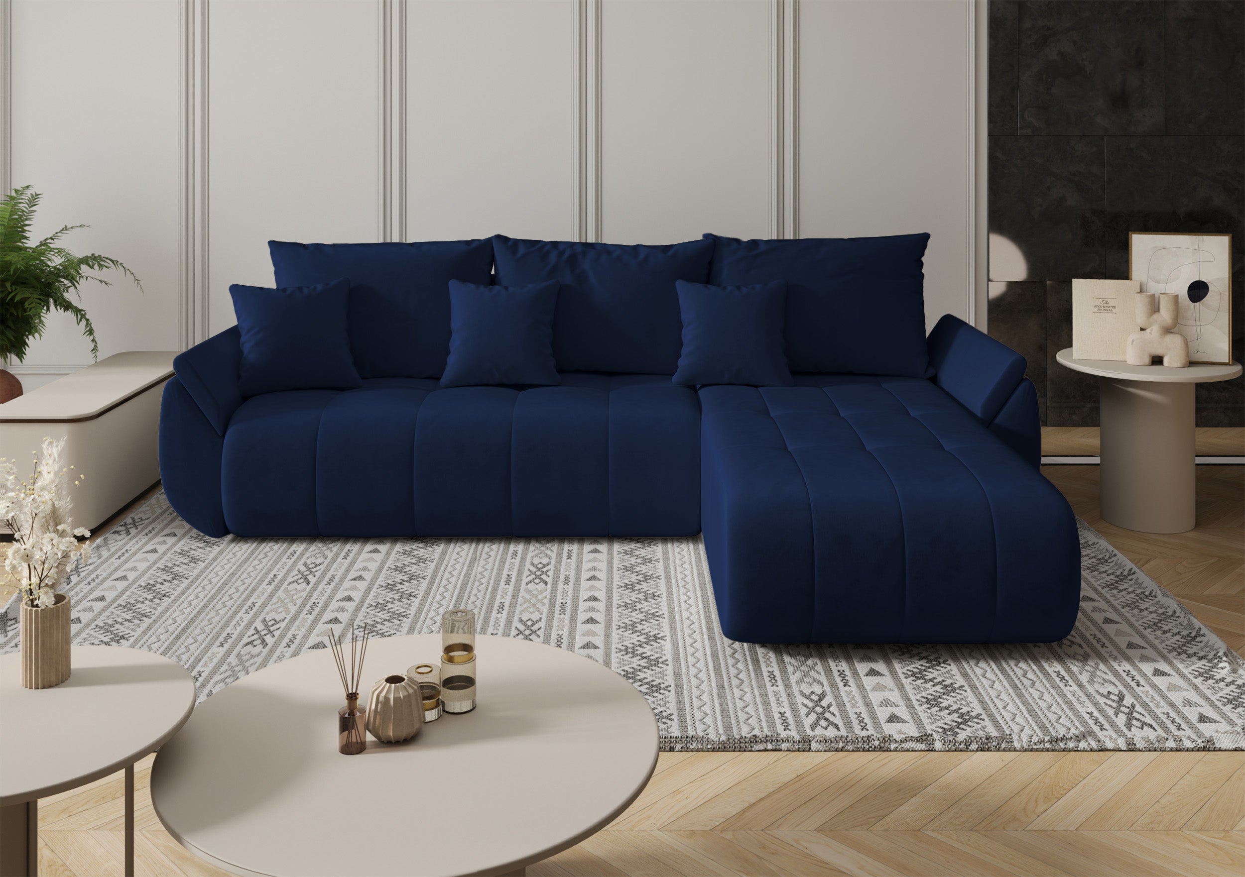 Ecksofa mit Schlaffunktion Romuldi, L-förmig, rechtsseitig, mit Stauraum, marineblauer hydrophober Samt