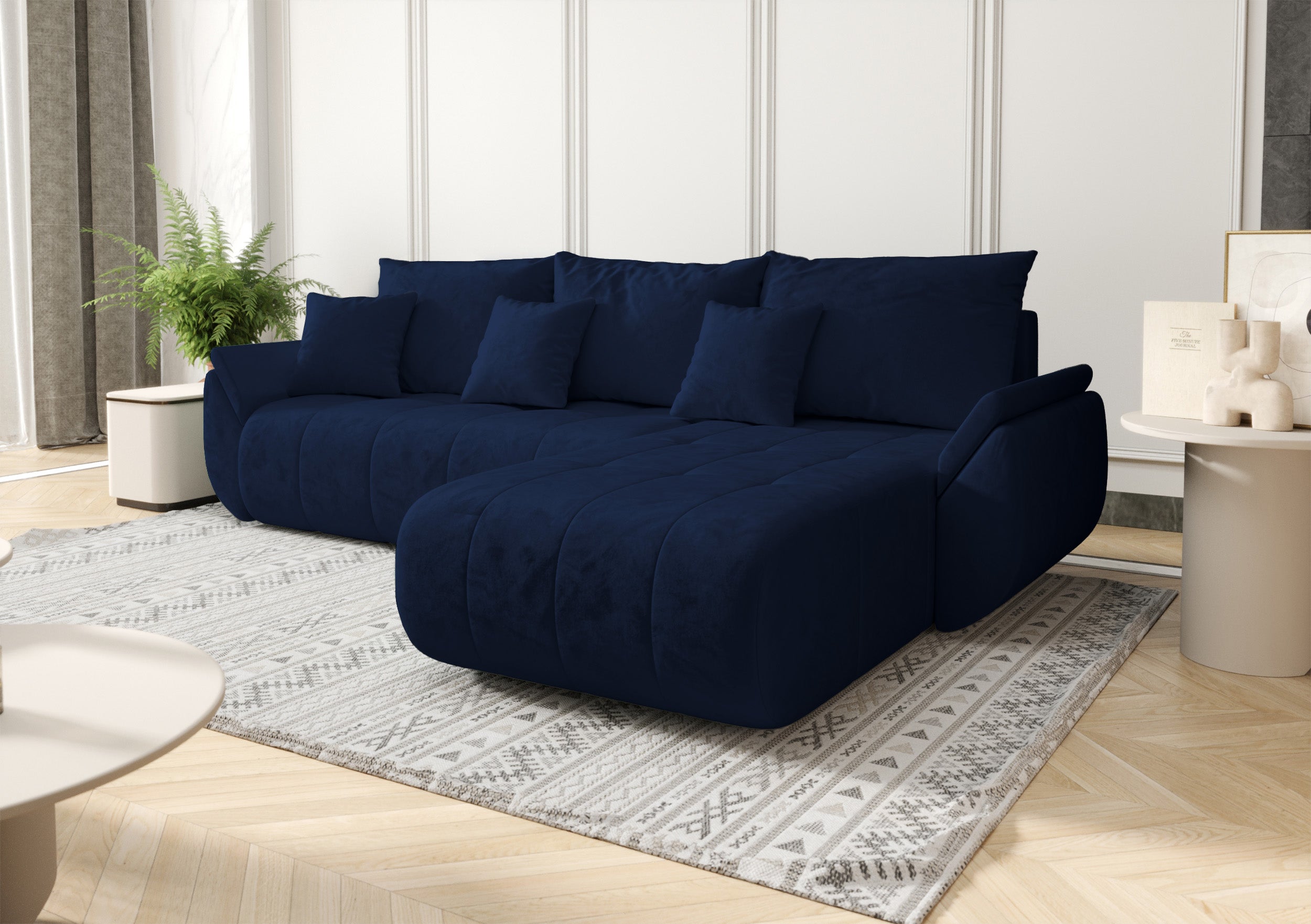 Ecksofa mit Schlaffunktion Romuldi, L-förmig, rechtsseitig, mit Stauraum, marineblauer hydrophober Samt