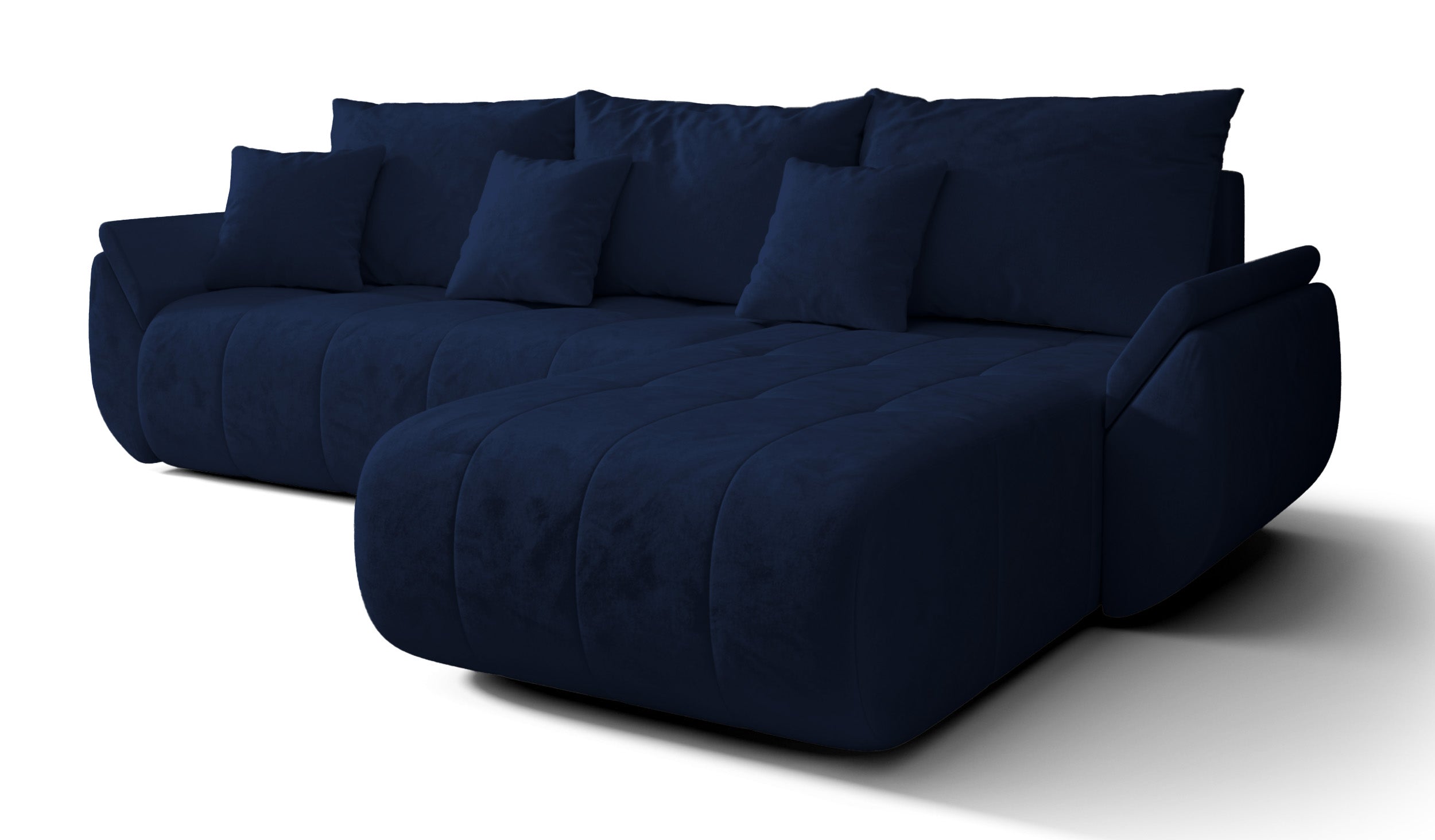 Ecksofa mit Schlaffunktion Romuldi, L-förmig, rechtsseitig, mit Stauraum, marineblauer hydrophober Samt