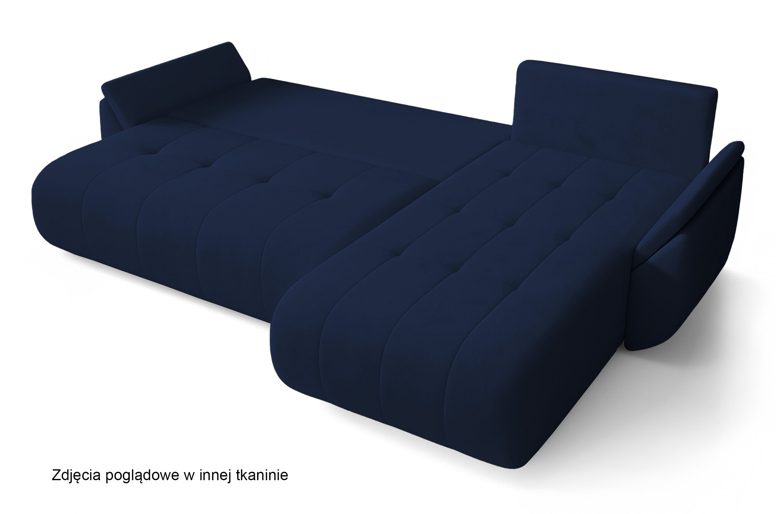 Ecksofa mit Schlaffunktion Romuldi, L-förmig, rechtsseitig, mit Stauraum, marineblauer hydrophober Samt