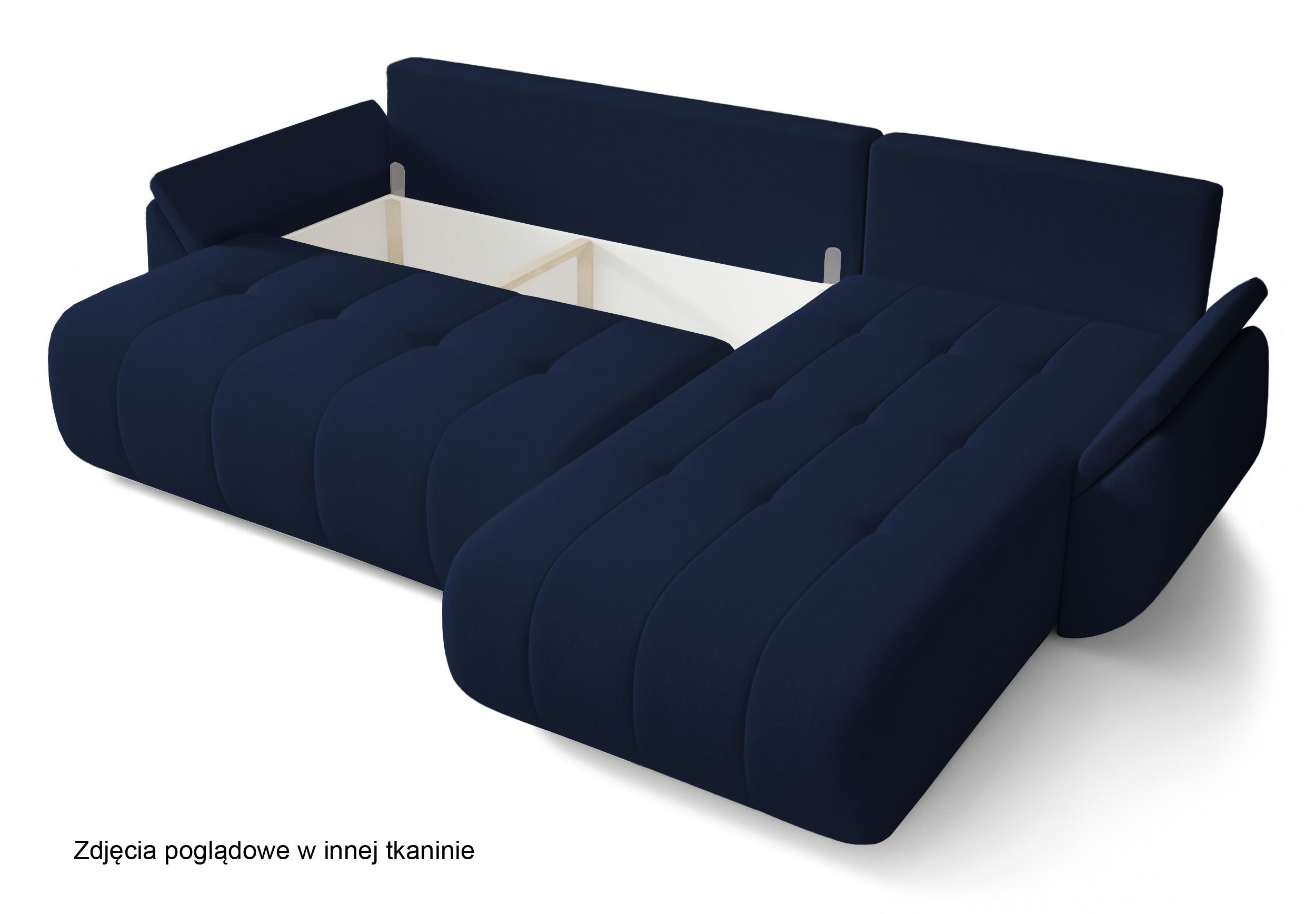 Ecksofa mit Schlaffunktion Romuldi, L-förmig, rechtsseitig, mit Stauraum, marineblauer hydrophober Samt