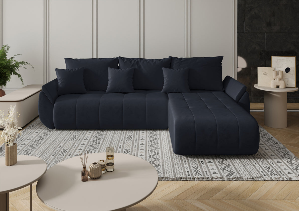 Ecksofa mit Schlaffunktion Romuldi, L-förmig, rechtsseitig, mit Stauraum, anthrazitfarbener, hydrophober Samtstoff