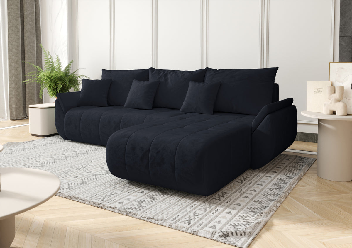 Ecksofa mit Schlaffunktion Romuldi, L-förmig, rechtsseitig, mit Stauraum, anthrazitfarbener, hydrophober Samtstoff
