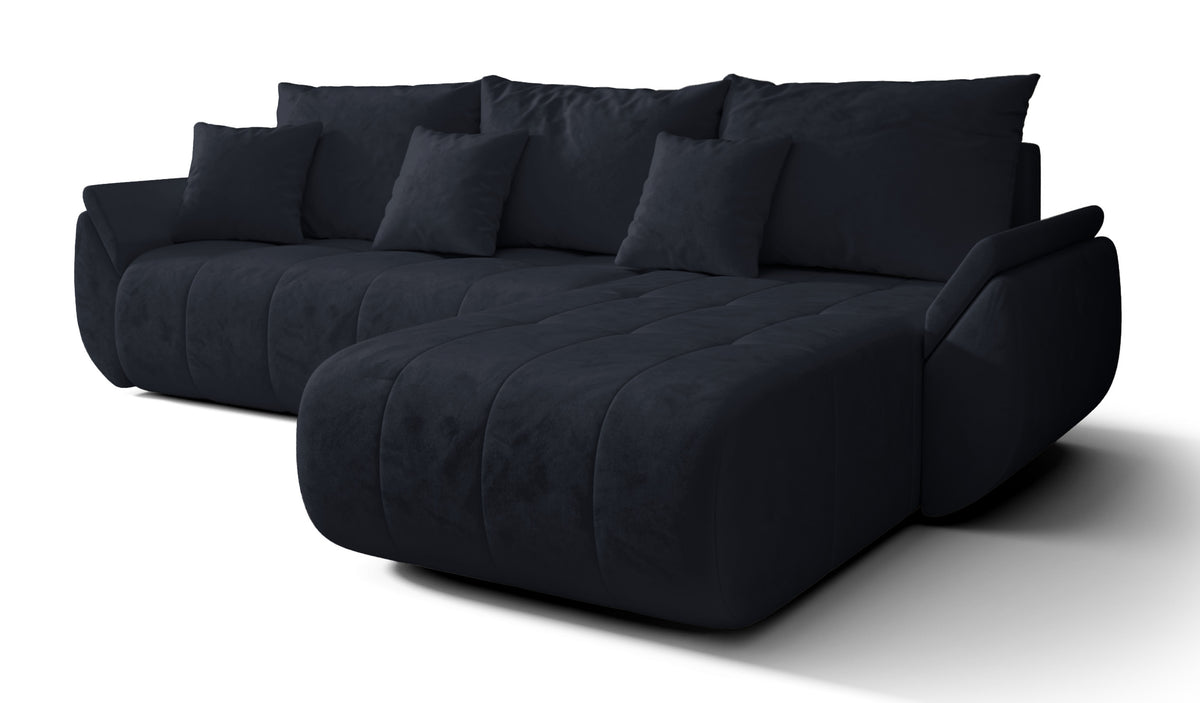 Ecksofa mit Schlaffunktion Romuldi, L-förmig, rechtsseitig, mit Stauraum, anthrazitfarbener, hydrophober Samtstoff