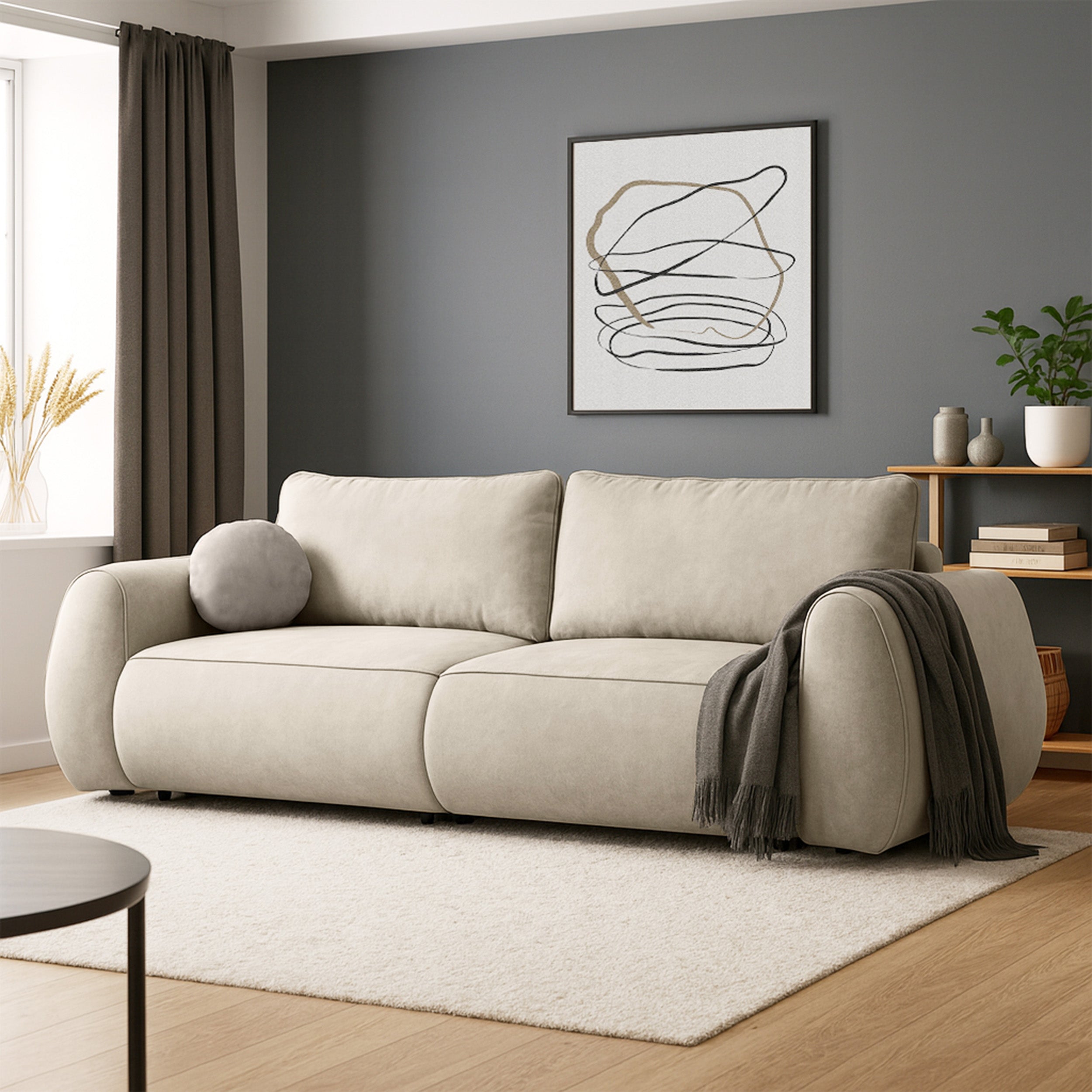 Ausziehbare Eckcouch Ruvea mit Aufbewahrungsfächern, beige, hydrophober Chenille-Stoff