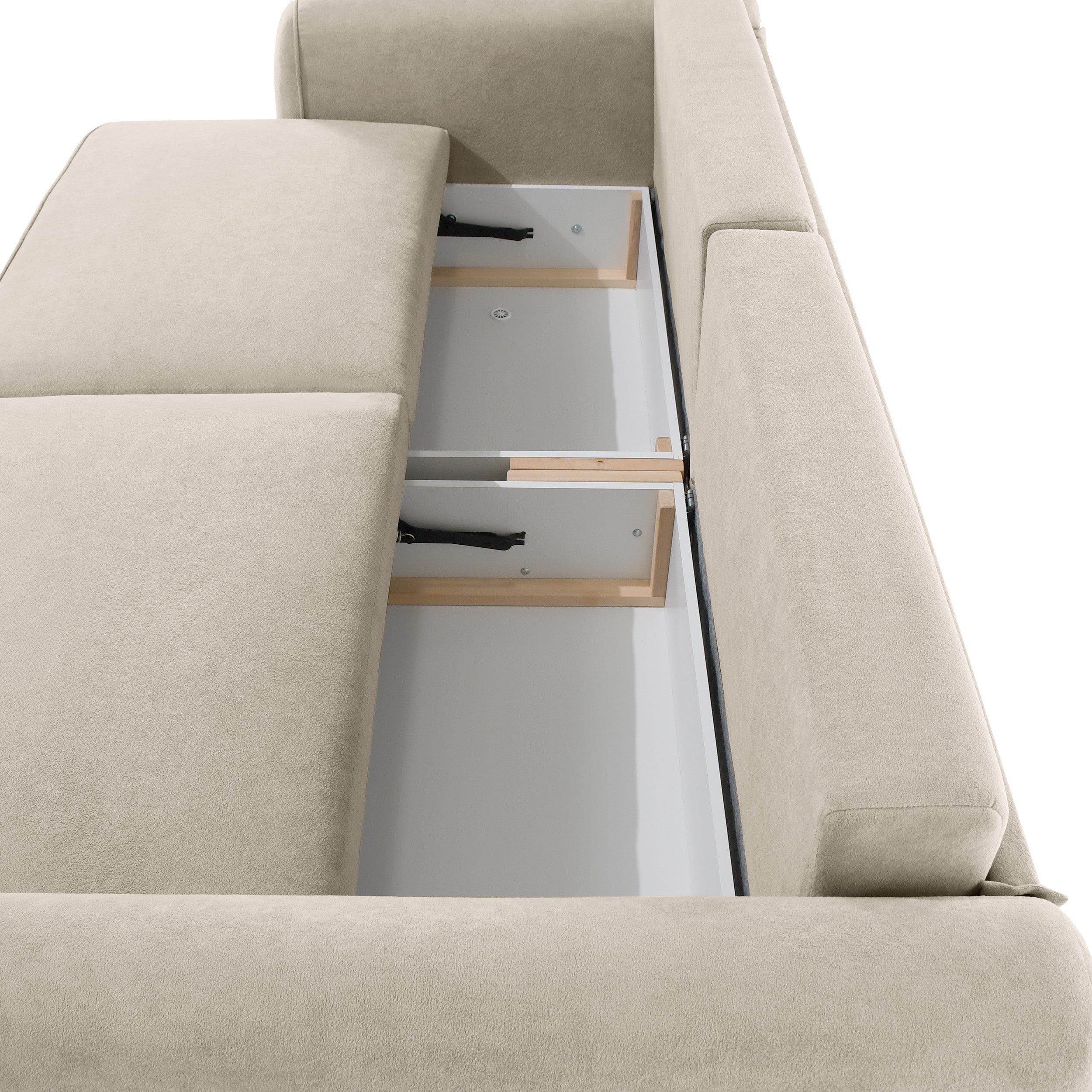 Ausziehbare Eckcouch Ruvea mit Aufbewahrungsfächern, beige, hydrophober Chenille-Stoff