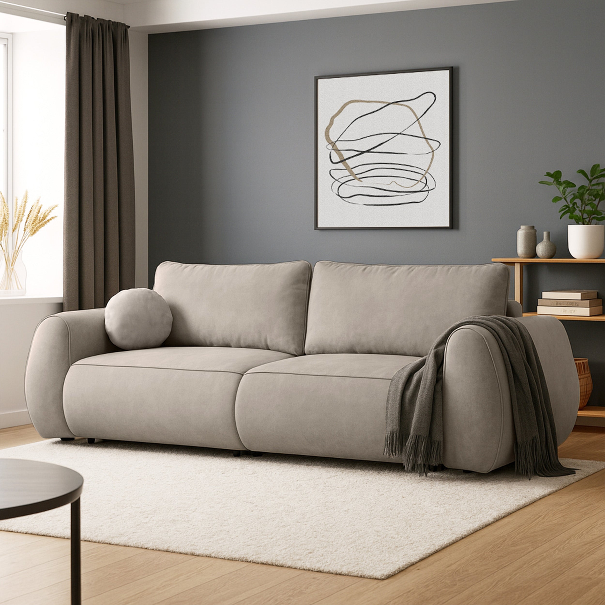 Schlafsofa zum Ecksofa Ruvea mit Aufbewahrungsfächern, hellbrauner hydrophober Chenillestoff