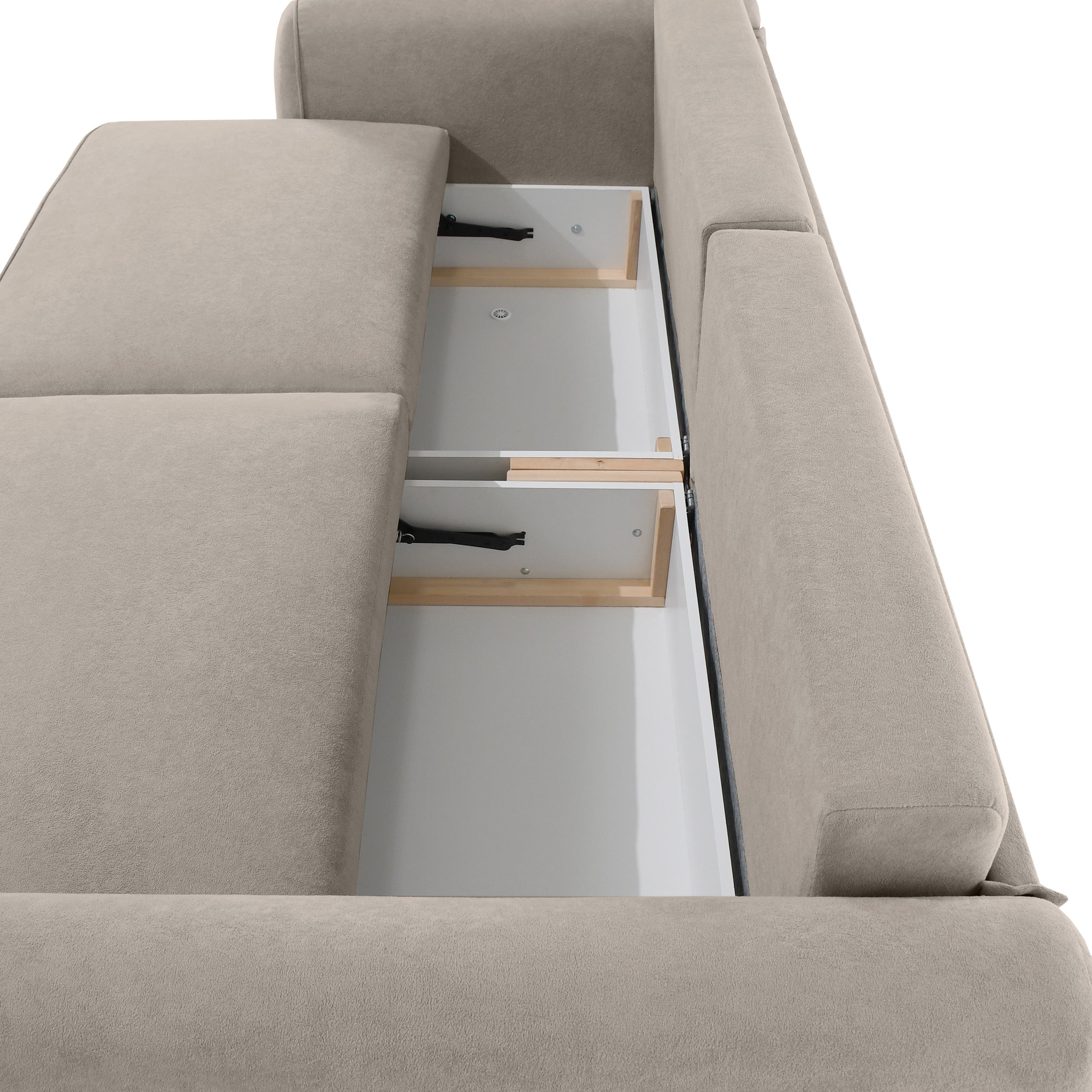 Schlafsofa zum Ecksofa Ruvea mit Aufbewahrungsfächern, hellbrauner hydrophober Chenillestoff