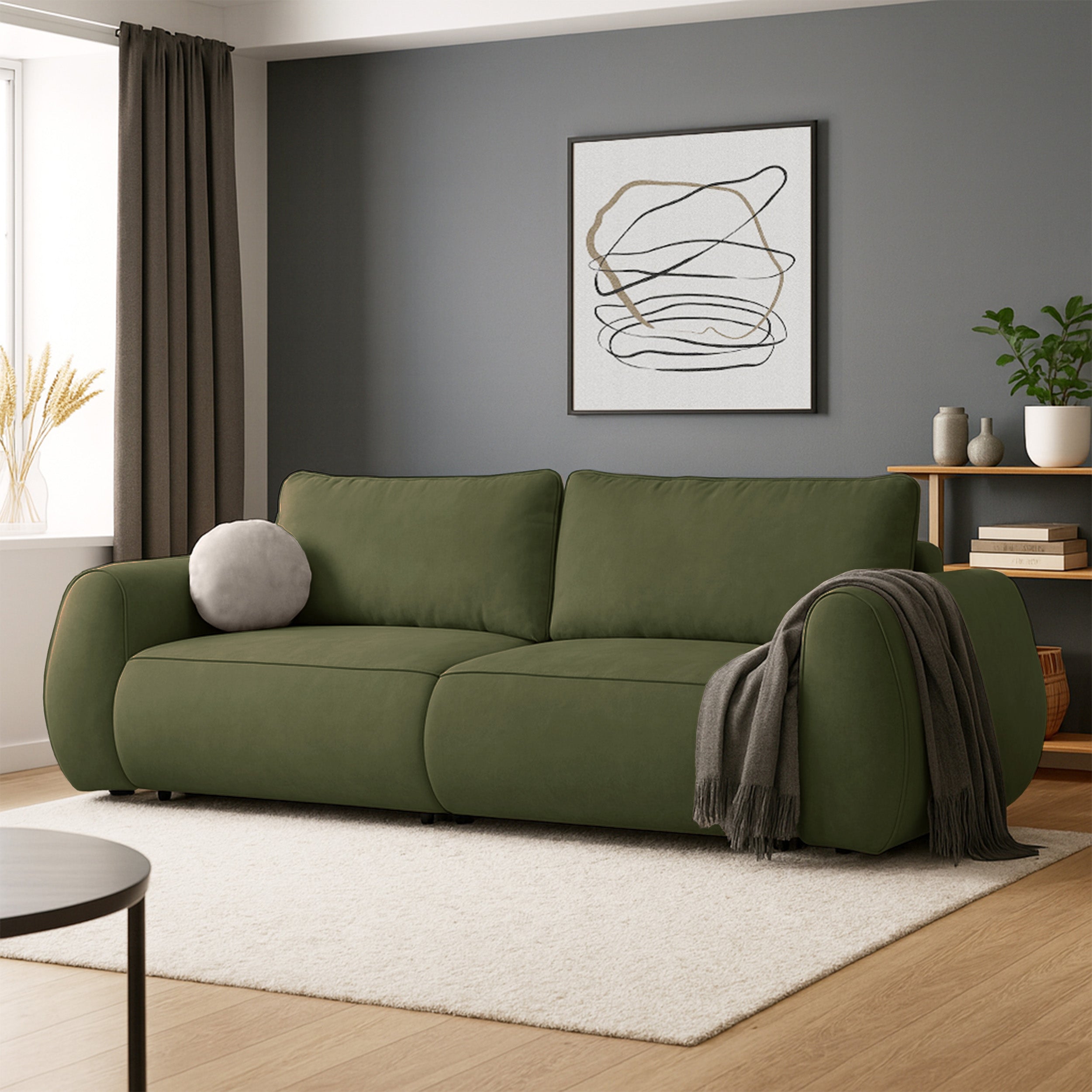 Ausziehbare Eckcouch Ruvea mit Stauraum, olivgrüner, hydrophober Chenille-Stoff