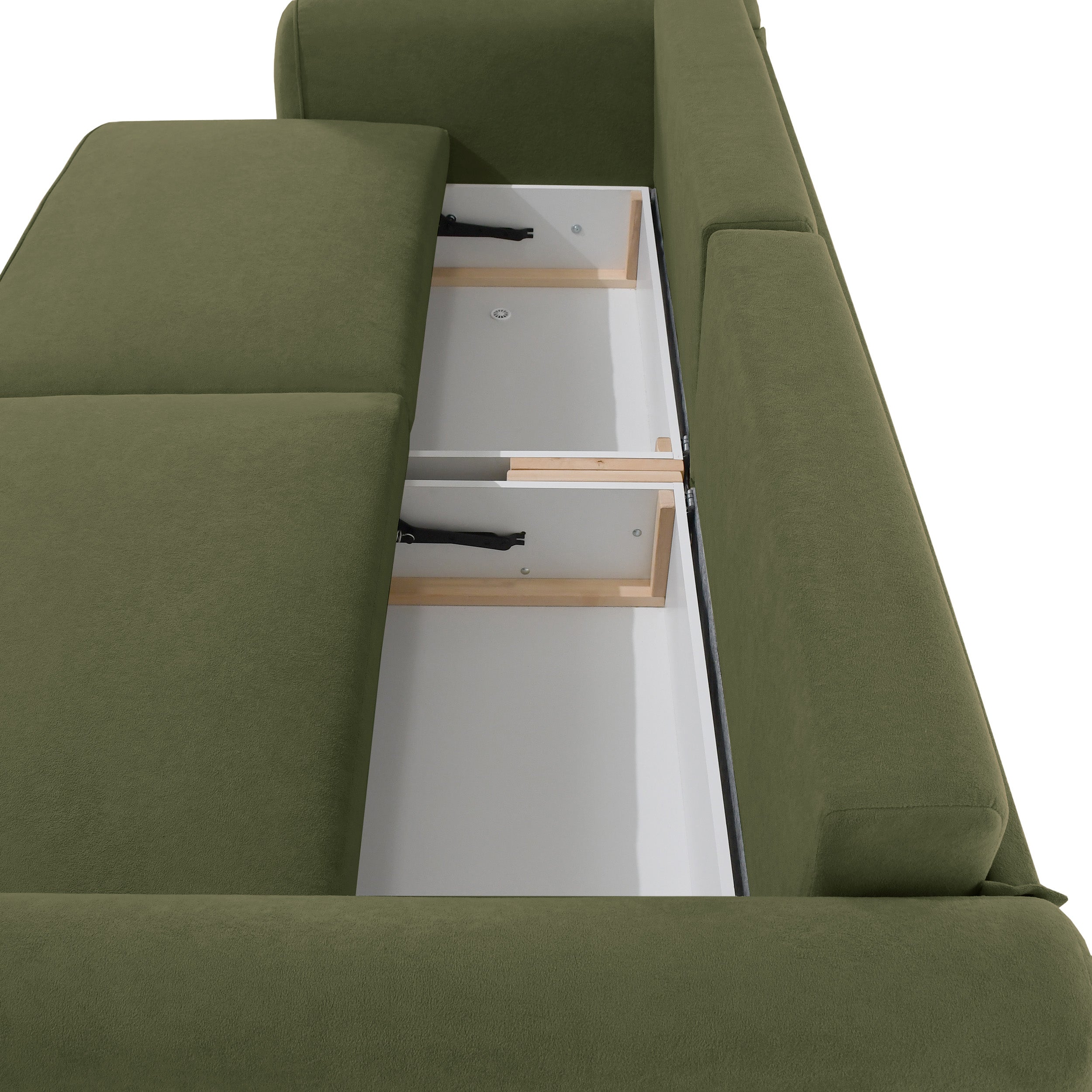 Ausziehbare Eckcouch Ruvea mit Stauraum, olivgrüner, hydrophober Chenille-Stoff