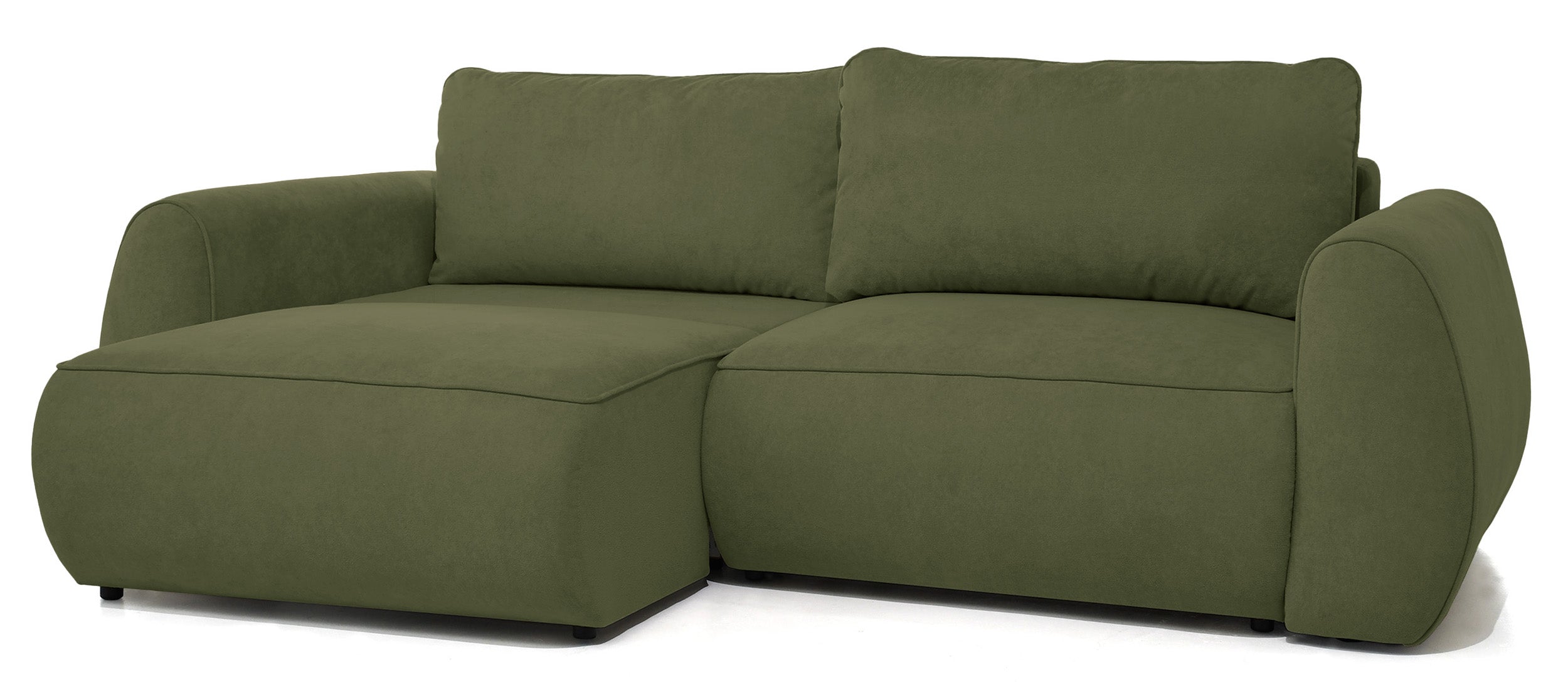 Ausziehbare Eckcouch Ruvea mit Stauraum, olivgrüner, hydrophober Chenille-Stoff