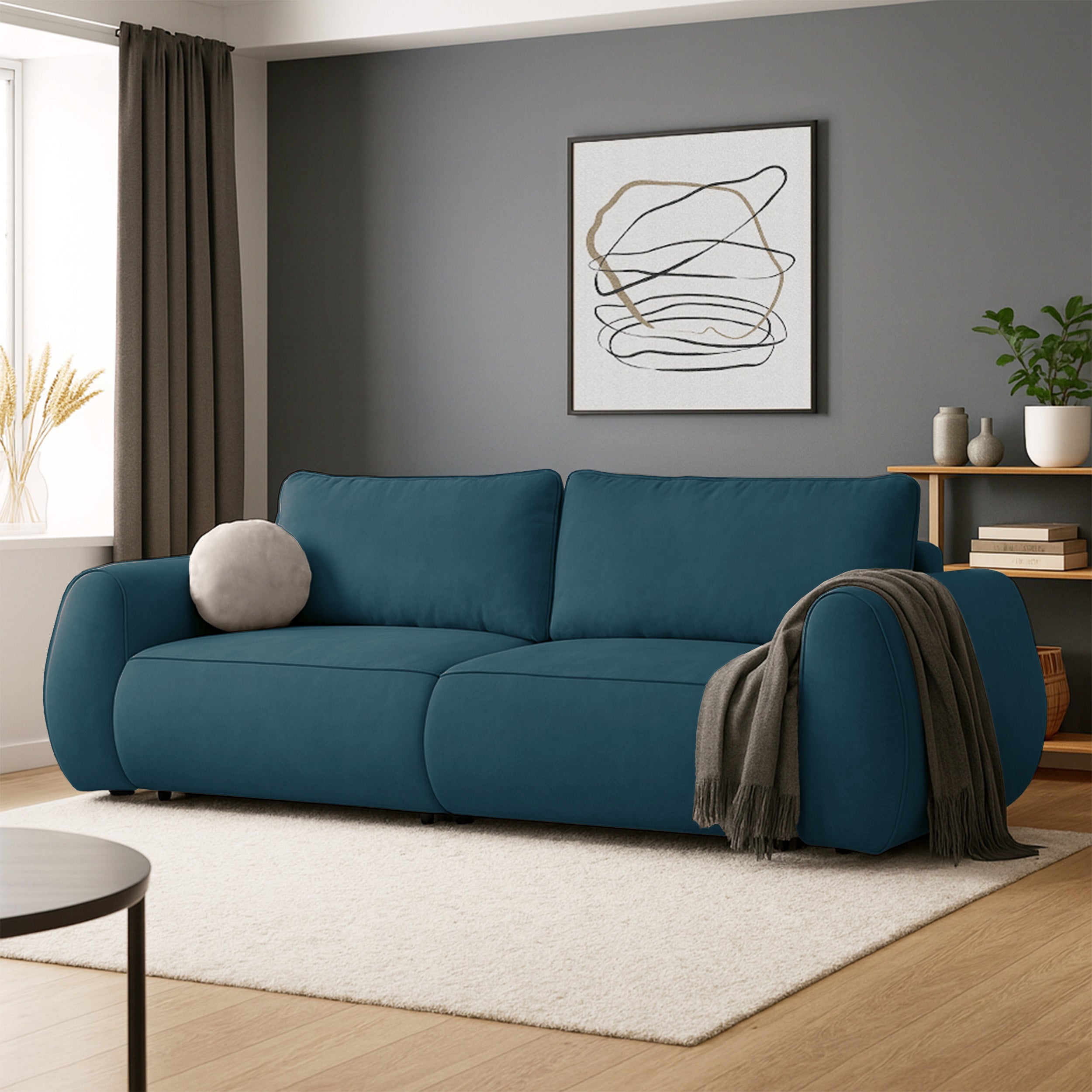 Ausziehbare Eckcouch Ruvea mit Stauraum, blau, hydrophobes Chenille