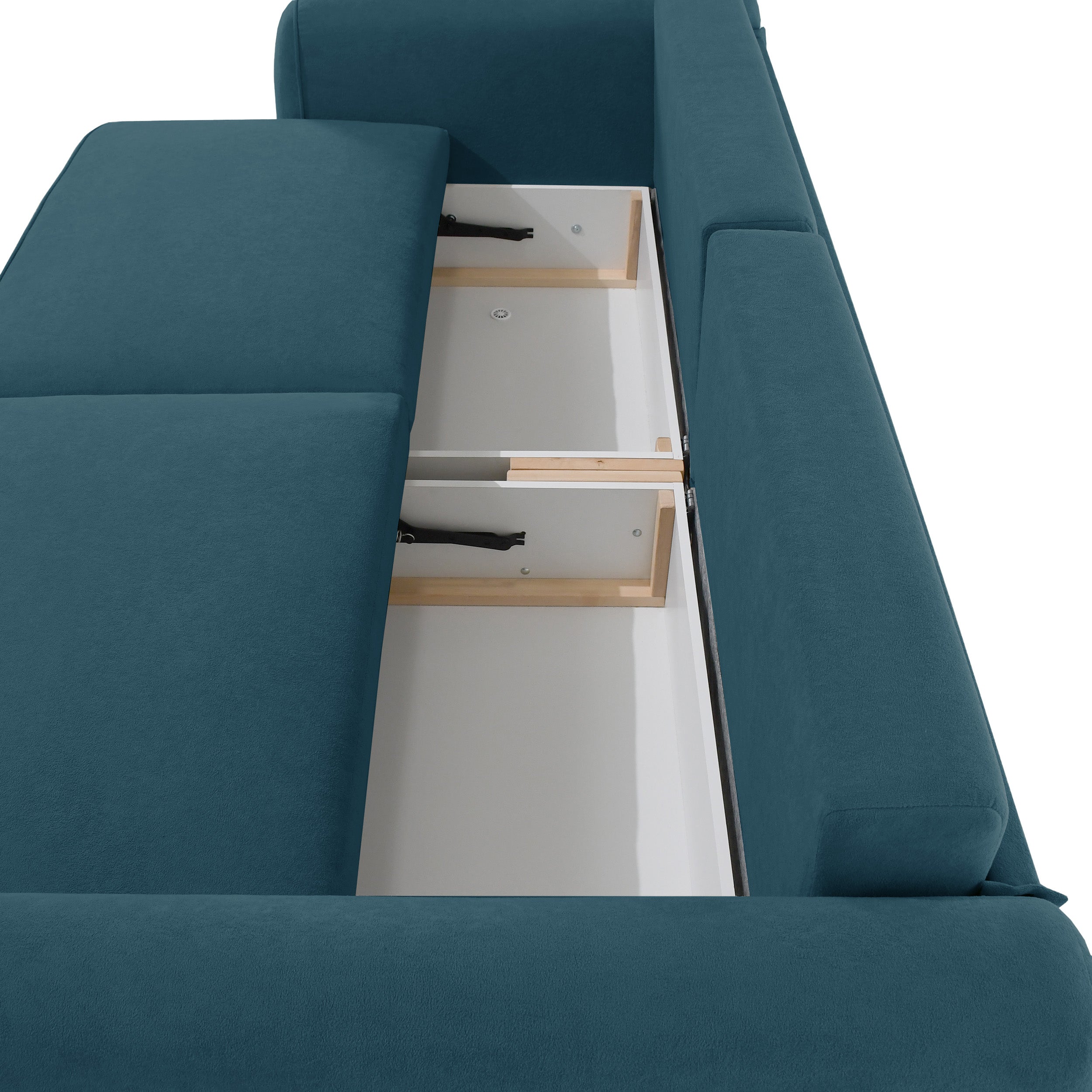 Ausziehbare Eckcouch Ruvea mit Stauraum, blau, hydrophobes Chenille