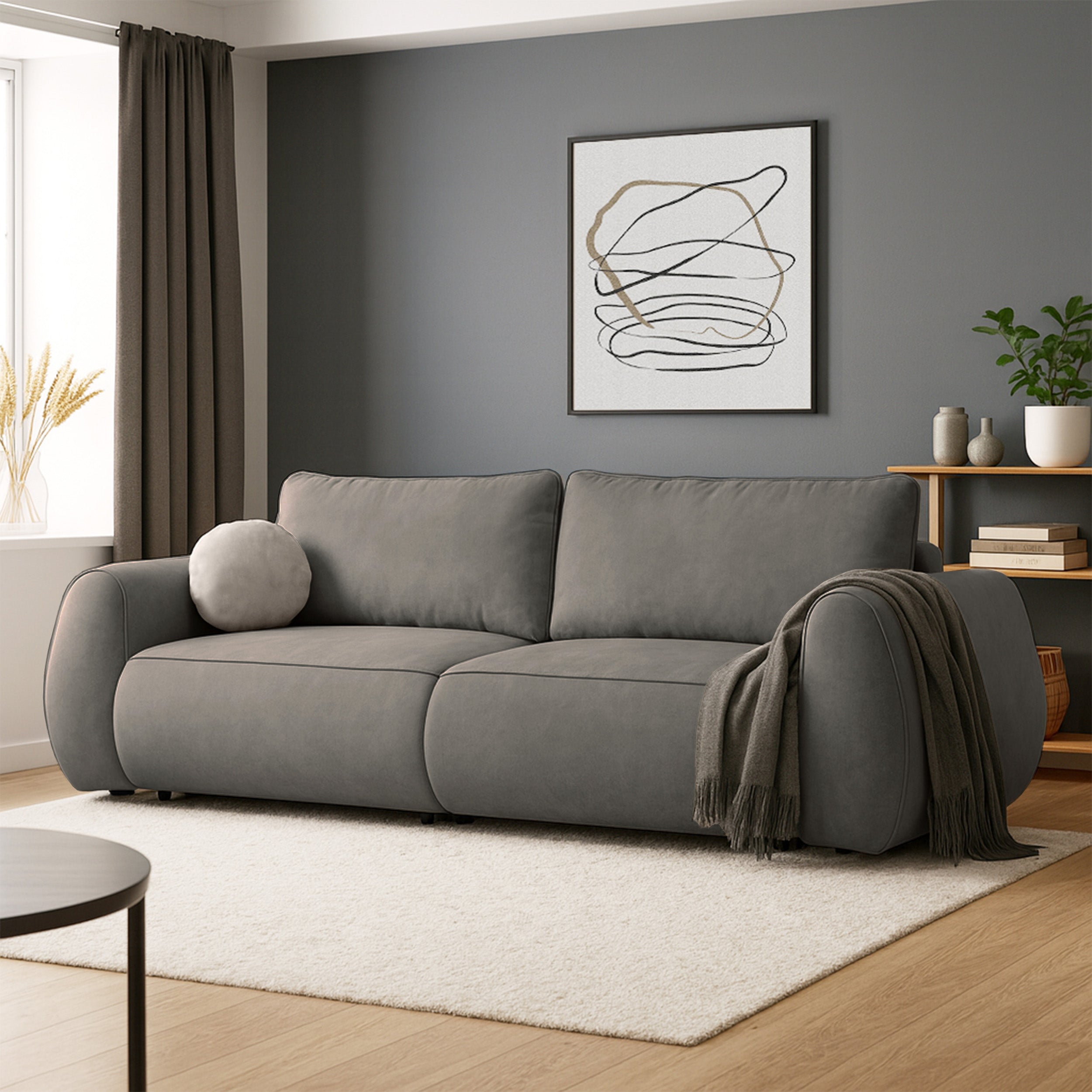 Ausziehbare Eckcouch Ruvea mit Stauraum, dunkelgrauer hydrophober Chenille-Stoff