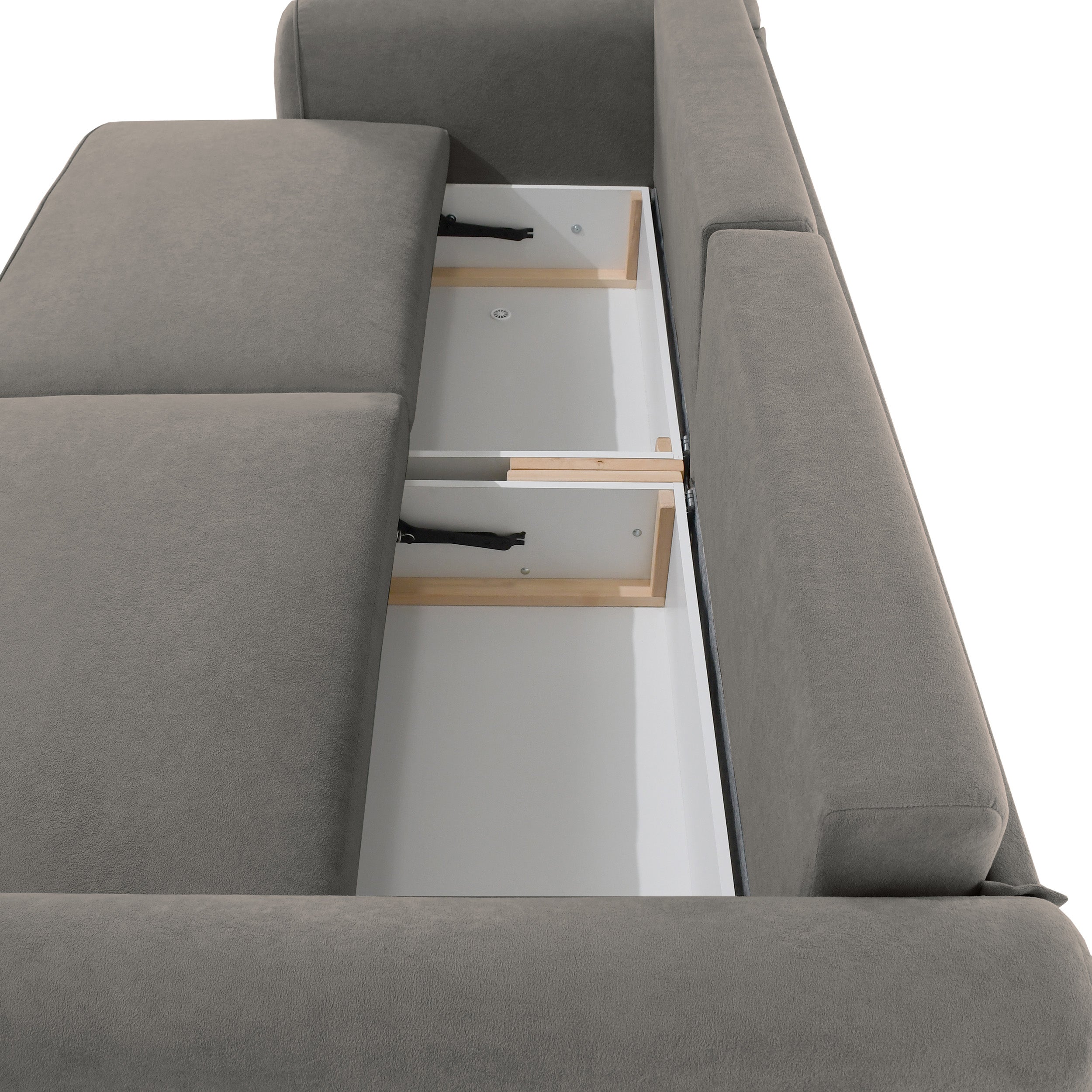Ausziehbare Eckcouch Ruvea mit Stauraum, dunkelgrauer hydrophober Chenille-Stoff