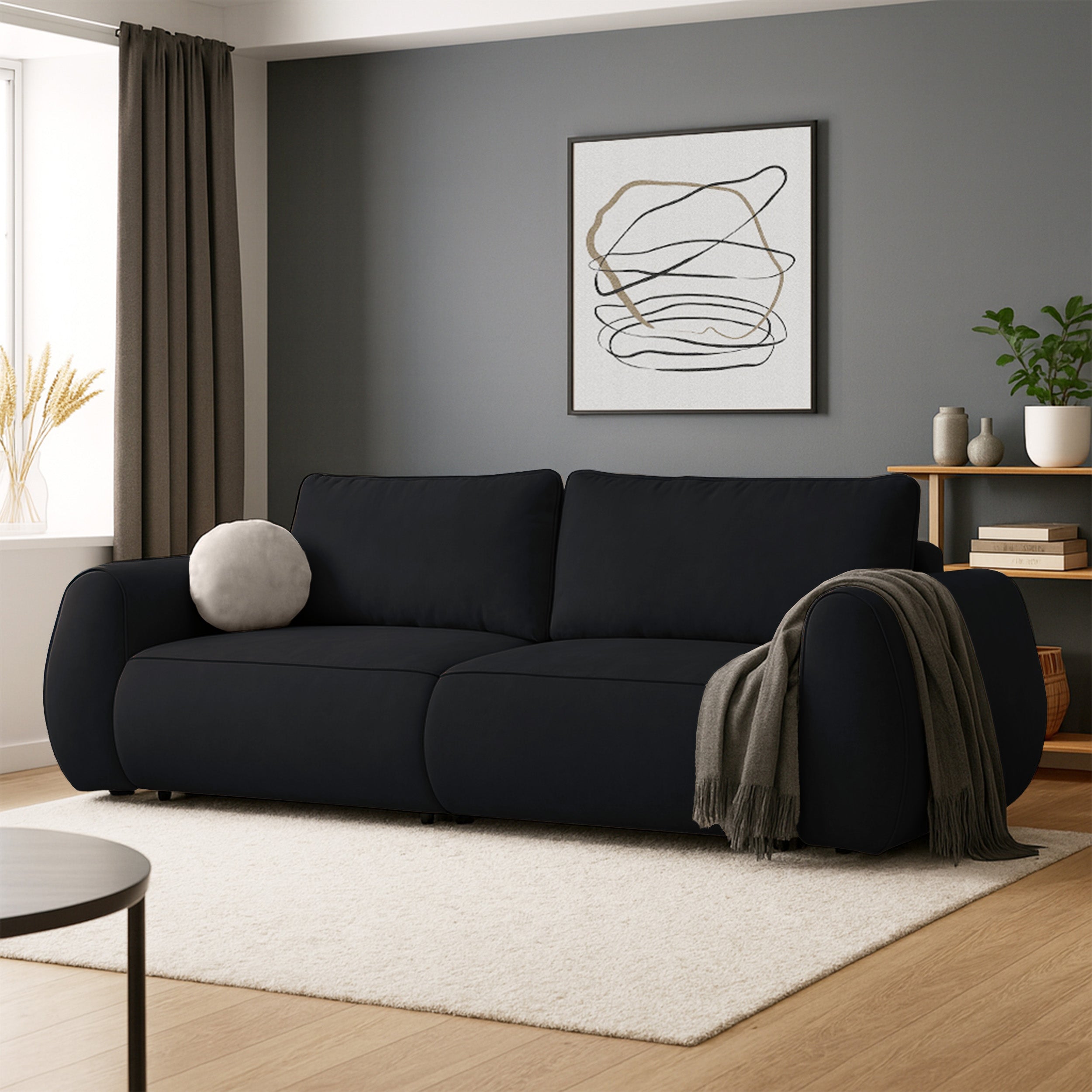 Schwarzes, ausziehbares Ecksofa Ruvea mit Stauraum, hydrophobes Chenillegewebe