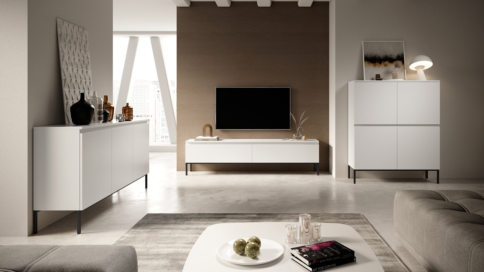 TV-Schrank Bemmi 150 cm weiß mit schwarzen Beinen