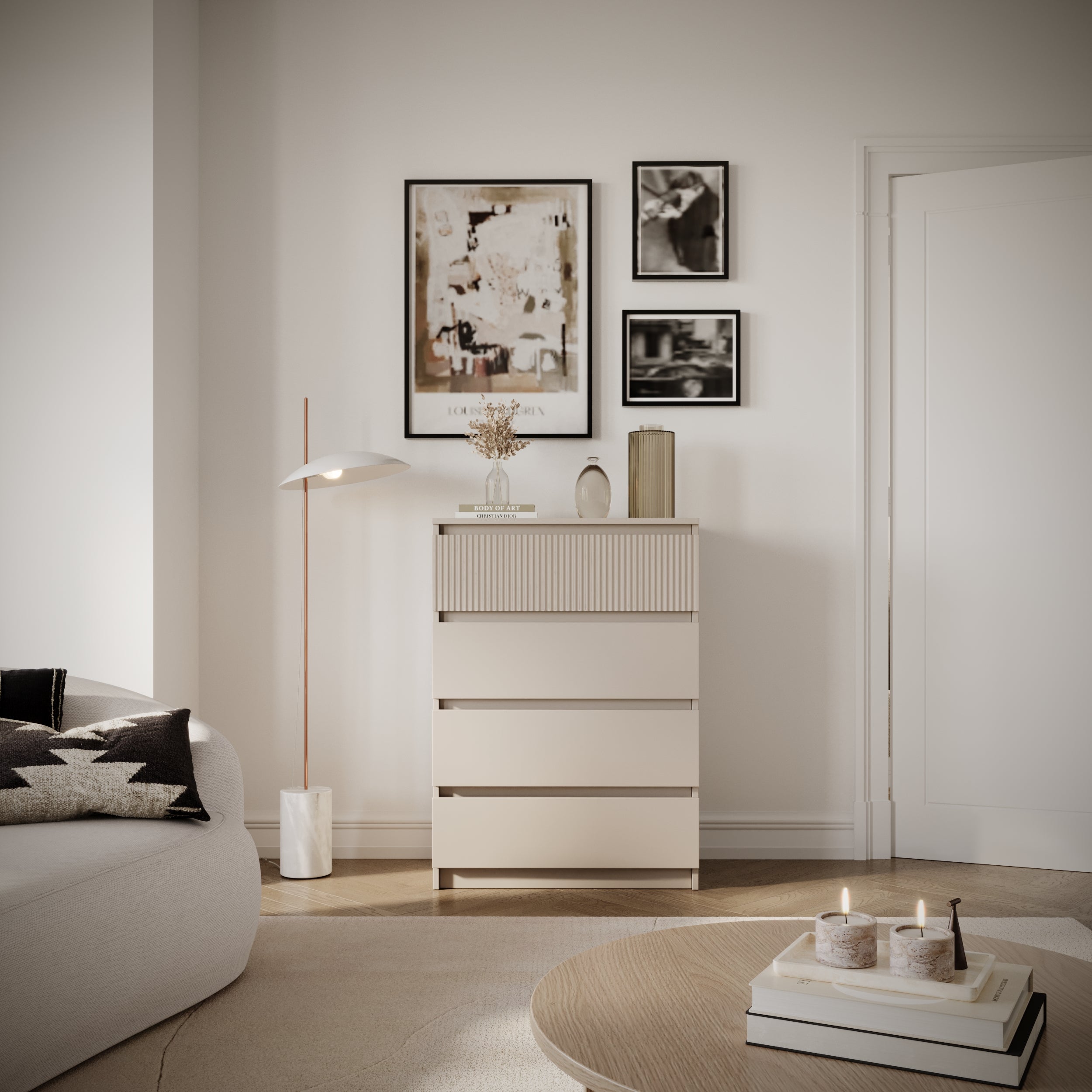 Kommode Sandia mit vier Schubladen und geriffelter Front, 70 cm, Kaschmir