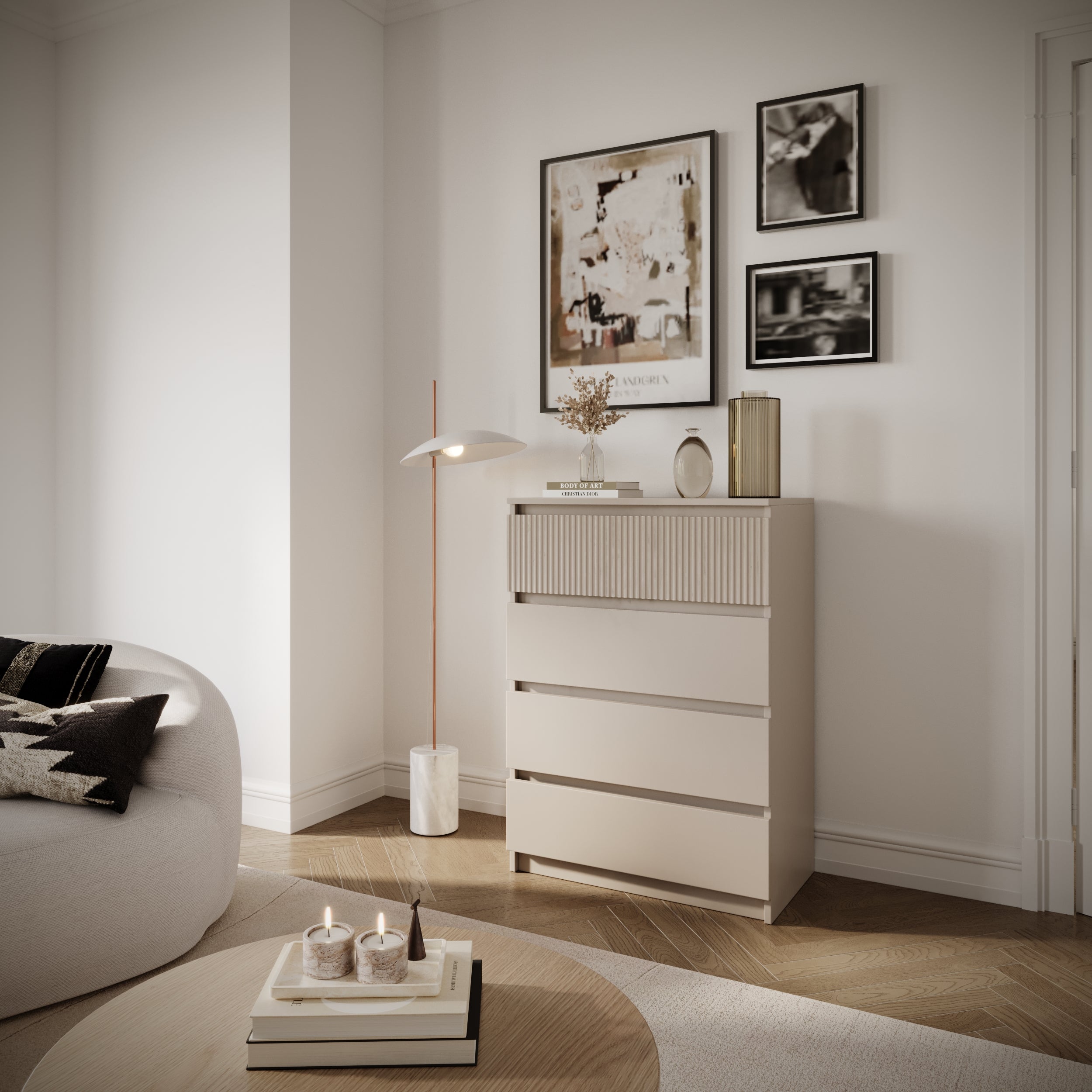 Kommode Sandia mit vier Schubladen und geriffelter Front, 70 cm, Kaschmir