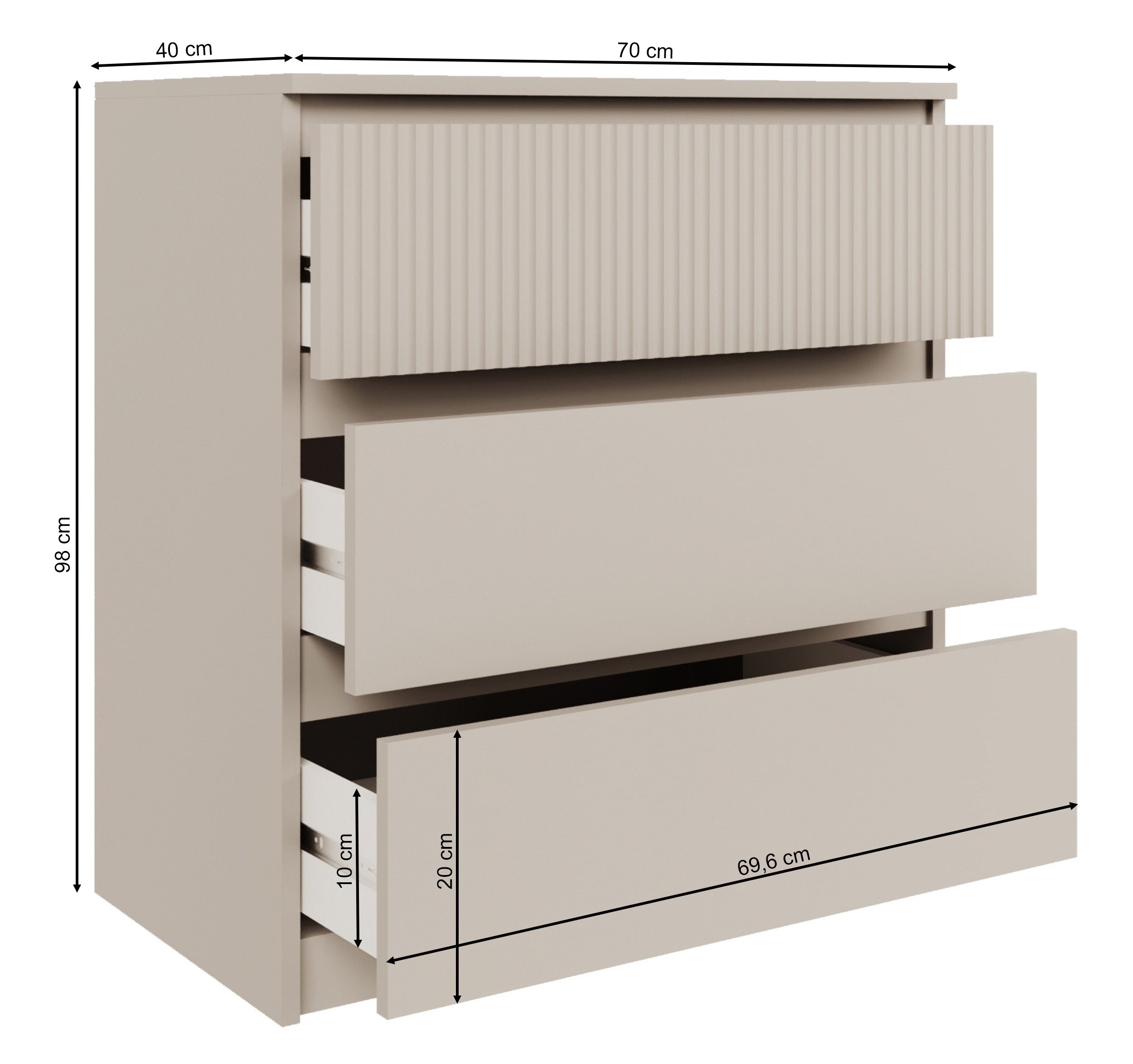 Kommode Sandia mit drei Schubladen und geriffelter Front, 70 cm, Kaschmir