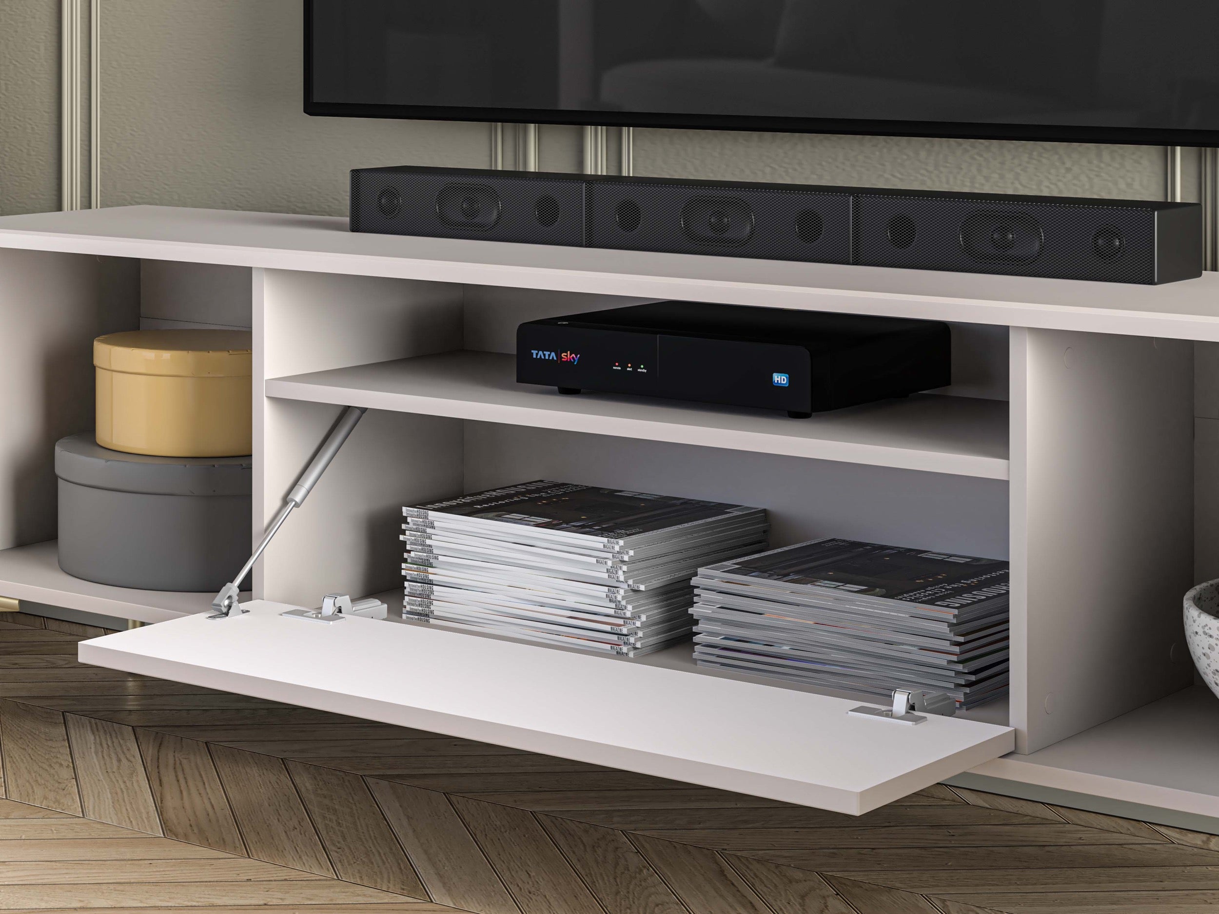 Zweittüriger RTV-Schrank Sandro mit Klappe und Nische, 180 cm, Kaschmir