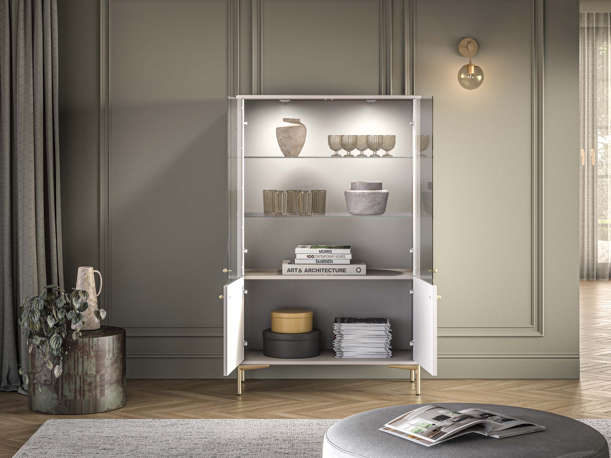 Vier­türige Vitrine Sandro mit Beleuchtung, 92 cm, Kaschmir