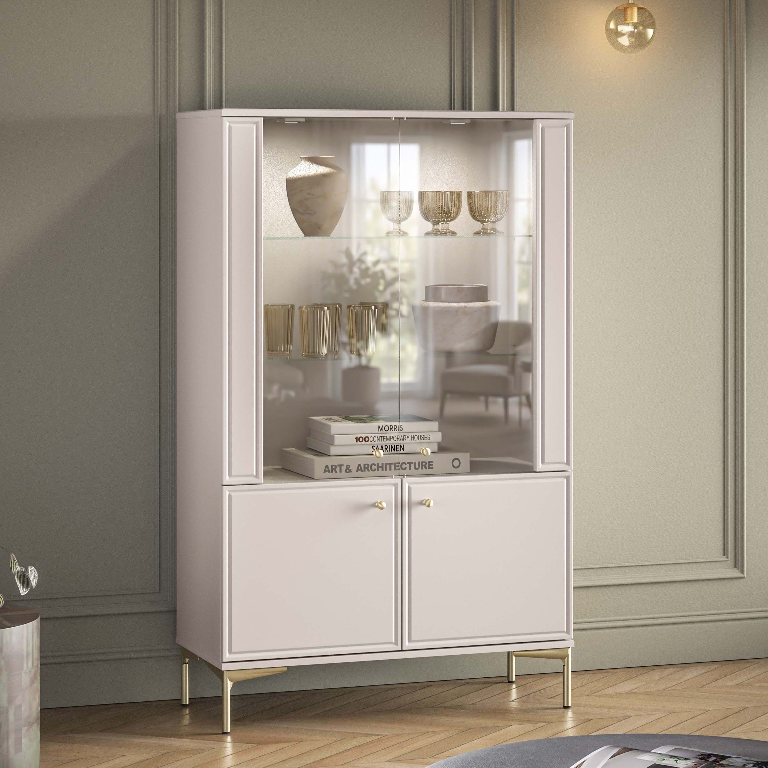 Vier­türige Vitrine Sandro mit Beleuchtung, 92 cm, Kaschmir