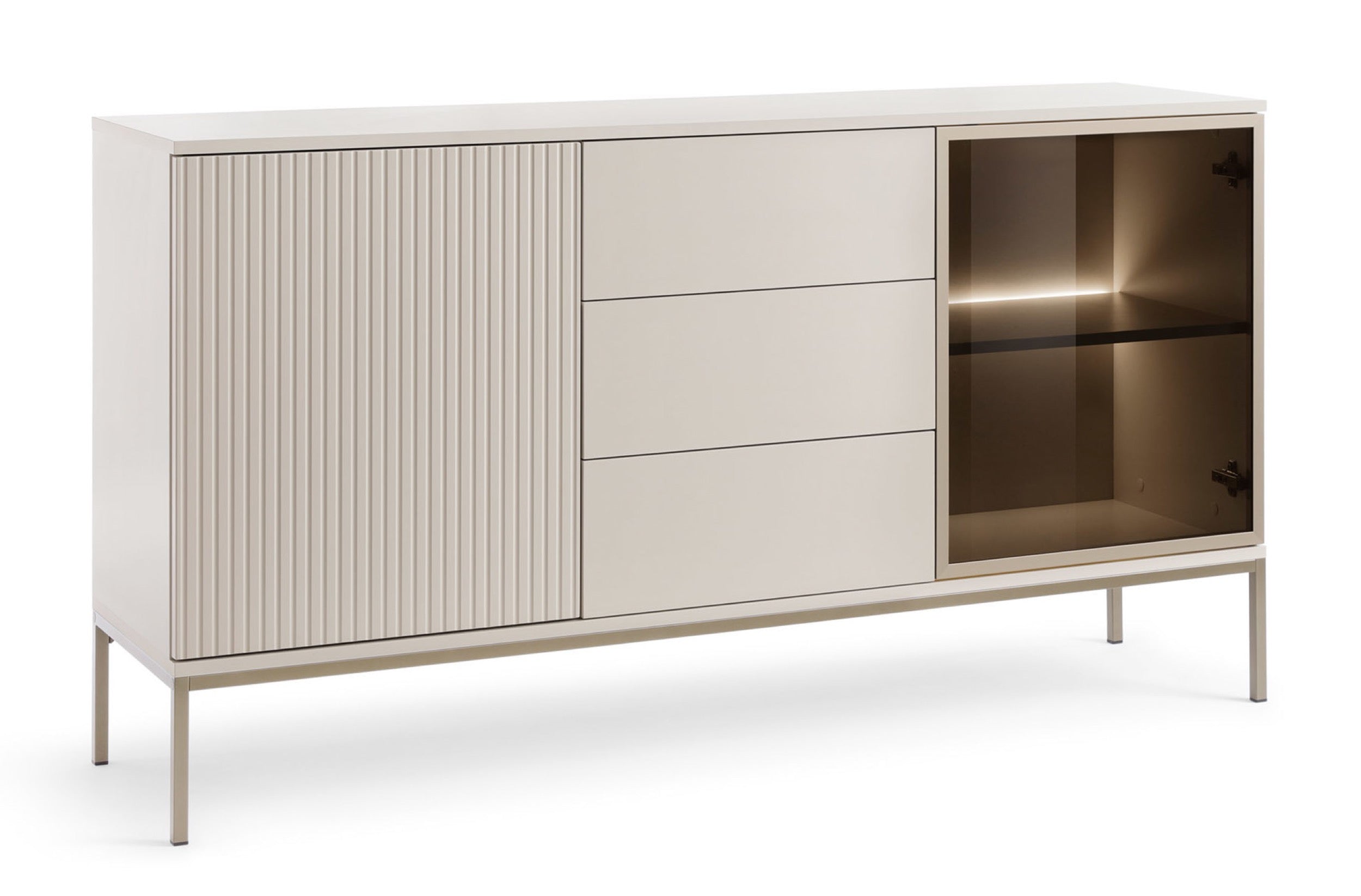 Kommode Tosena mit zwei Türen, Schubladen und LED-Beleuchtung, 154 cm, Kaschmir