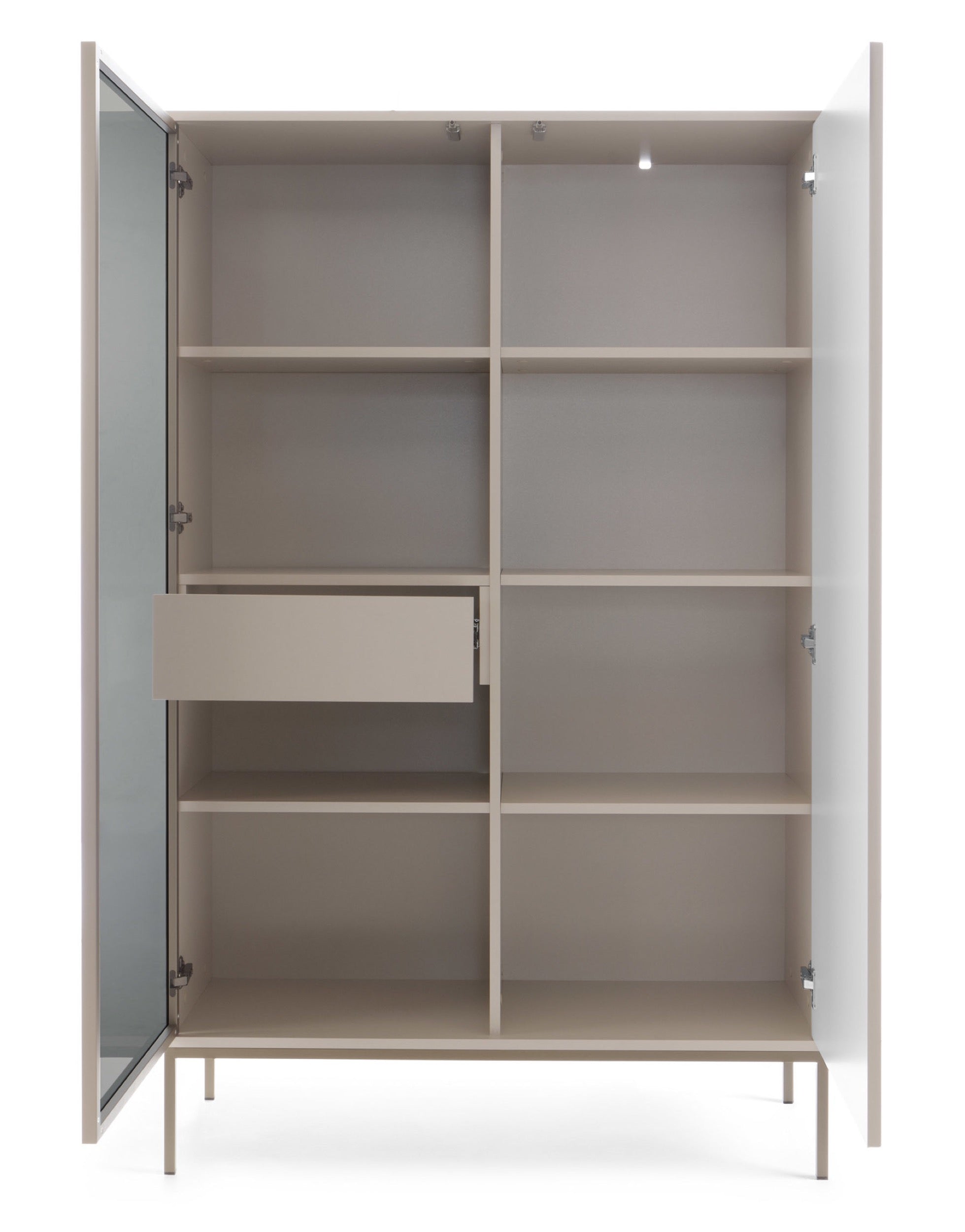 Hohe Vitrine Tosena mit zwei Türen, Schublade und LED-Beleuchtung, 104 cm, Kaschmir