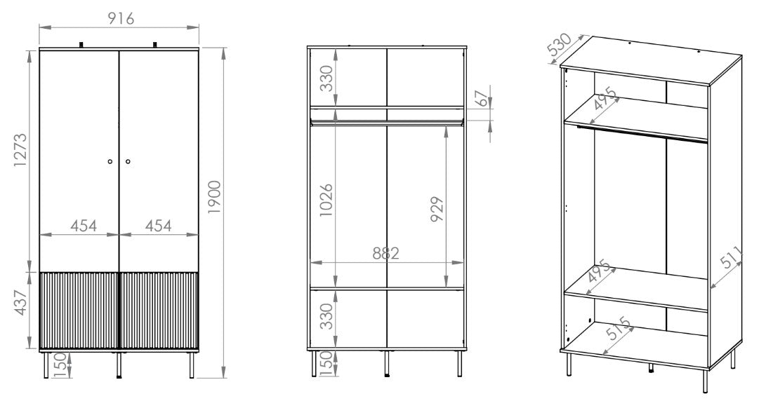 Zweiturige Caletto-Garderobe 92 cm mit dekorativen Lamellen, beige