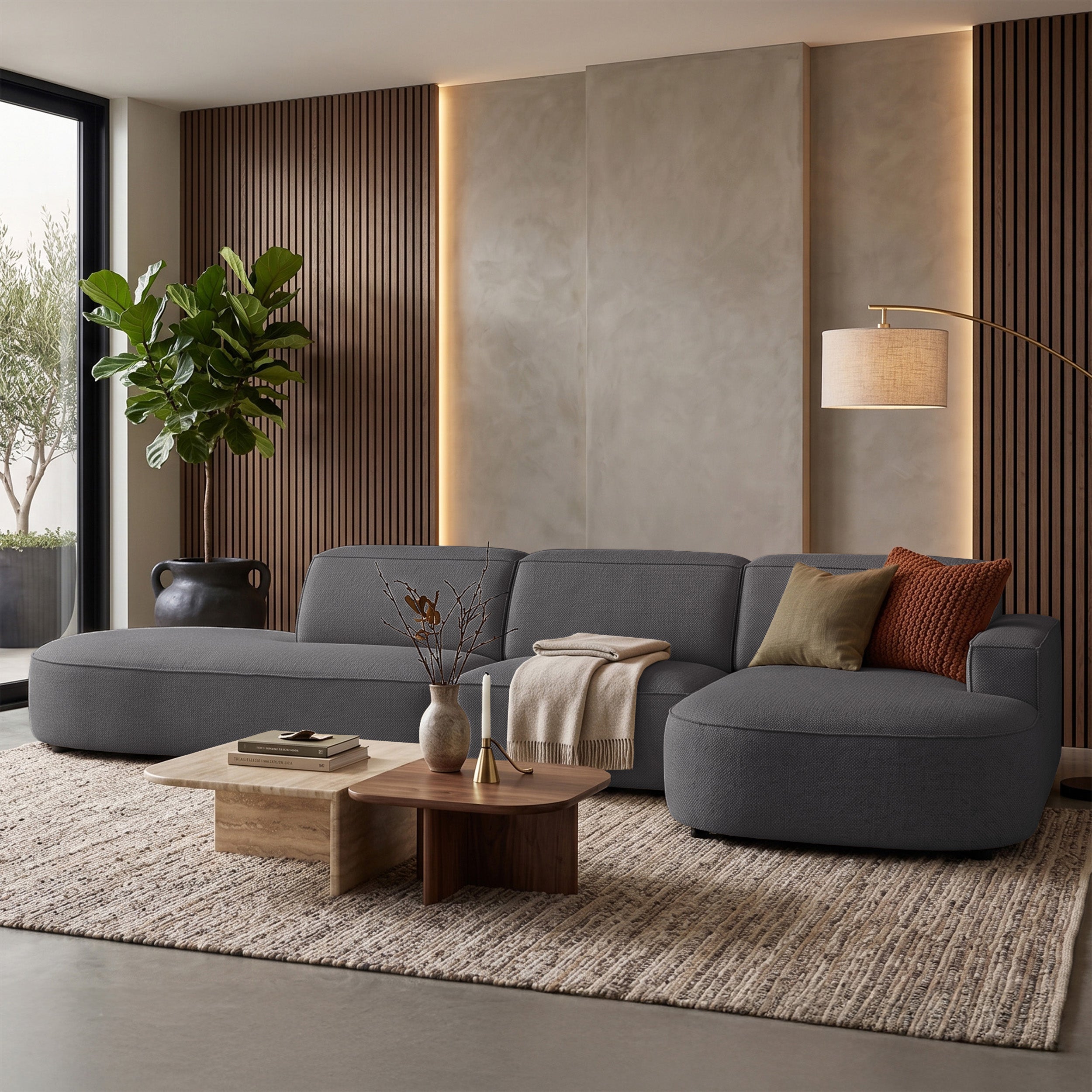 Modulares Ecksofa Sallmo, L-förmig, rechtsseitig, dunkelgrauer hydrophober Chenillestoff