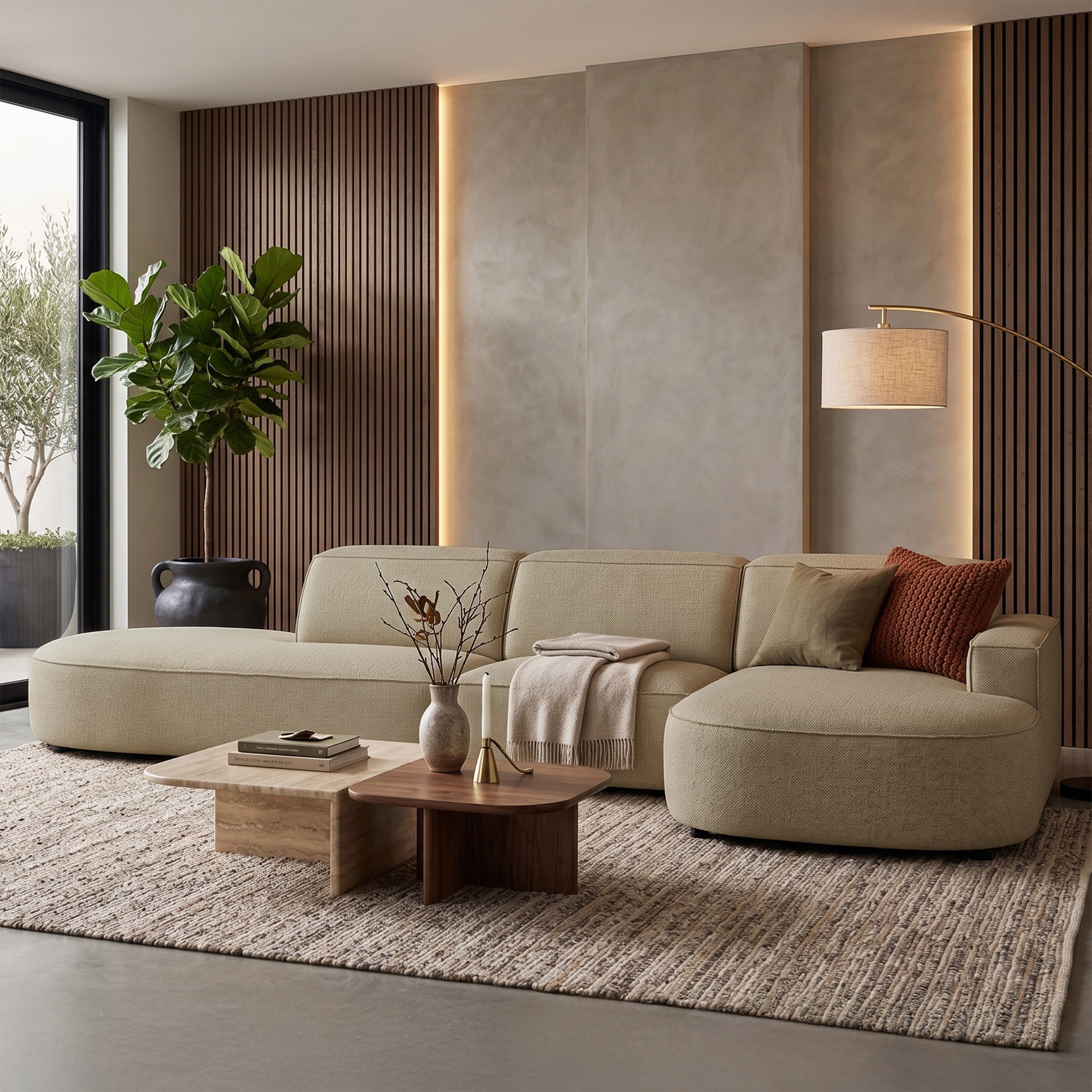 Modulares Ecksofa Sallmo, L-förmig, rechtsseitig, dunkelbeige, hydrophobes Chenille