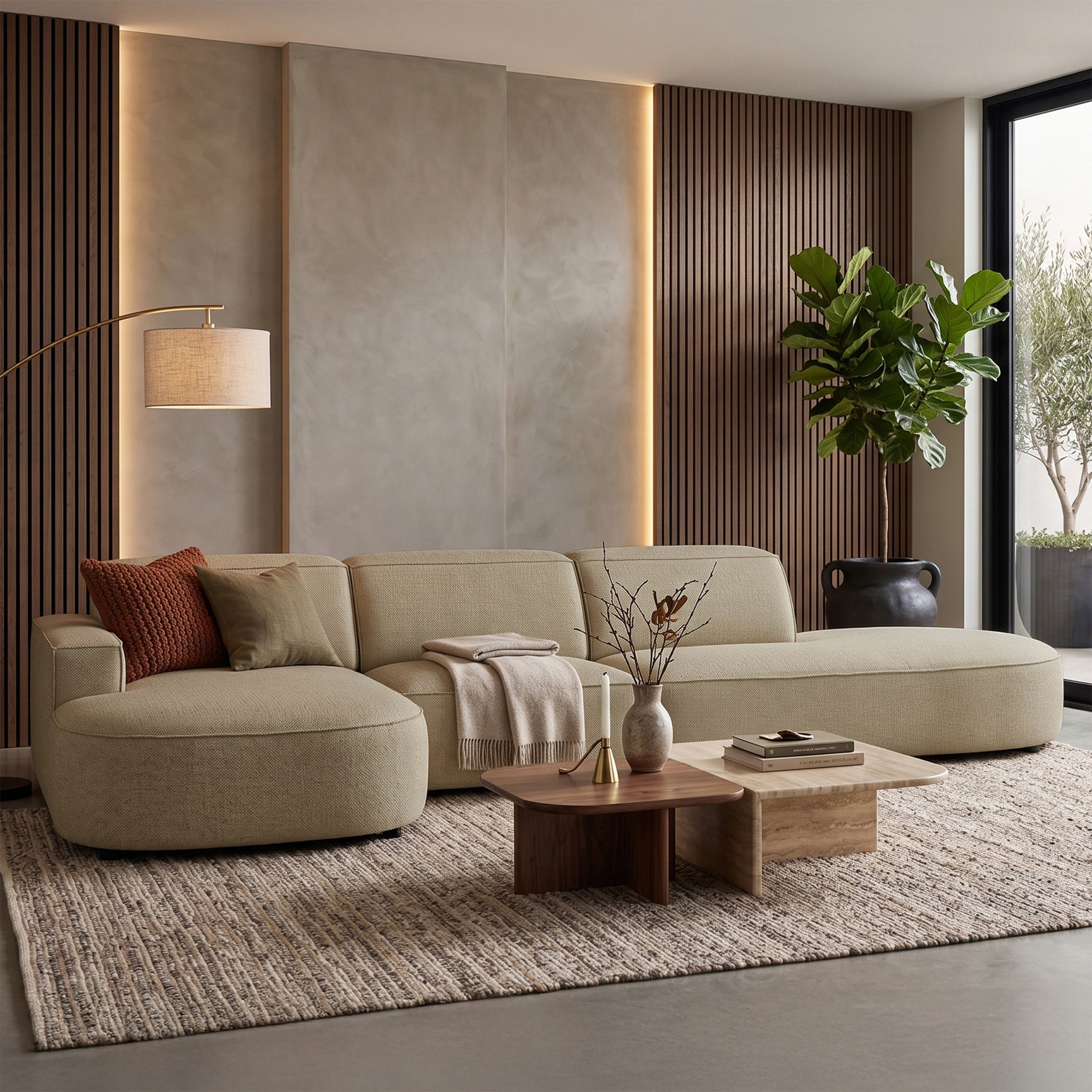 Modulares Ecksofa Sallmo L-förmig, linksseitig, dunkelbeige, hydrophobes Chenille