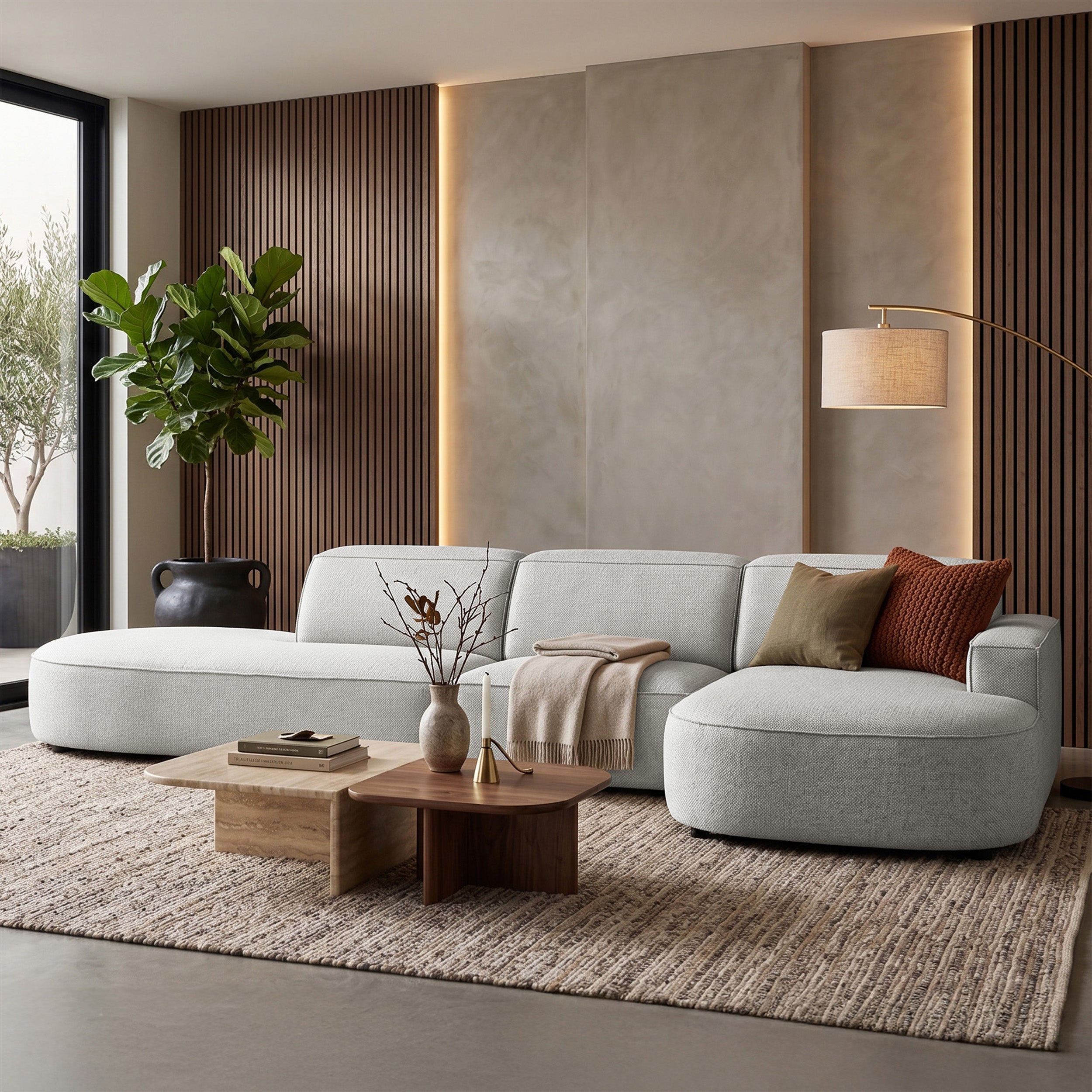 Modulares Ecksofa Sallmo, L-förmig, rechtsseitig, hellgrauer hydrophober Chenille-Stoff